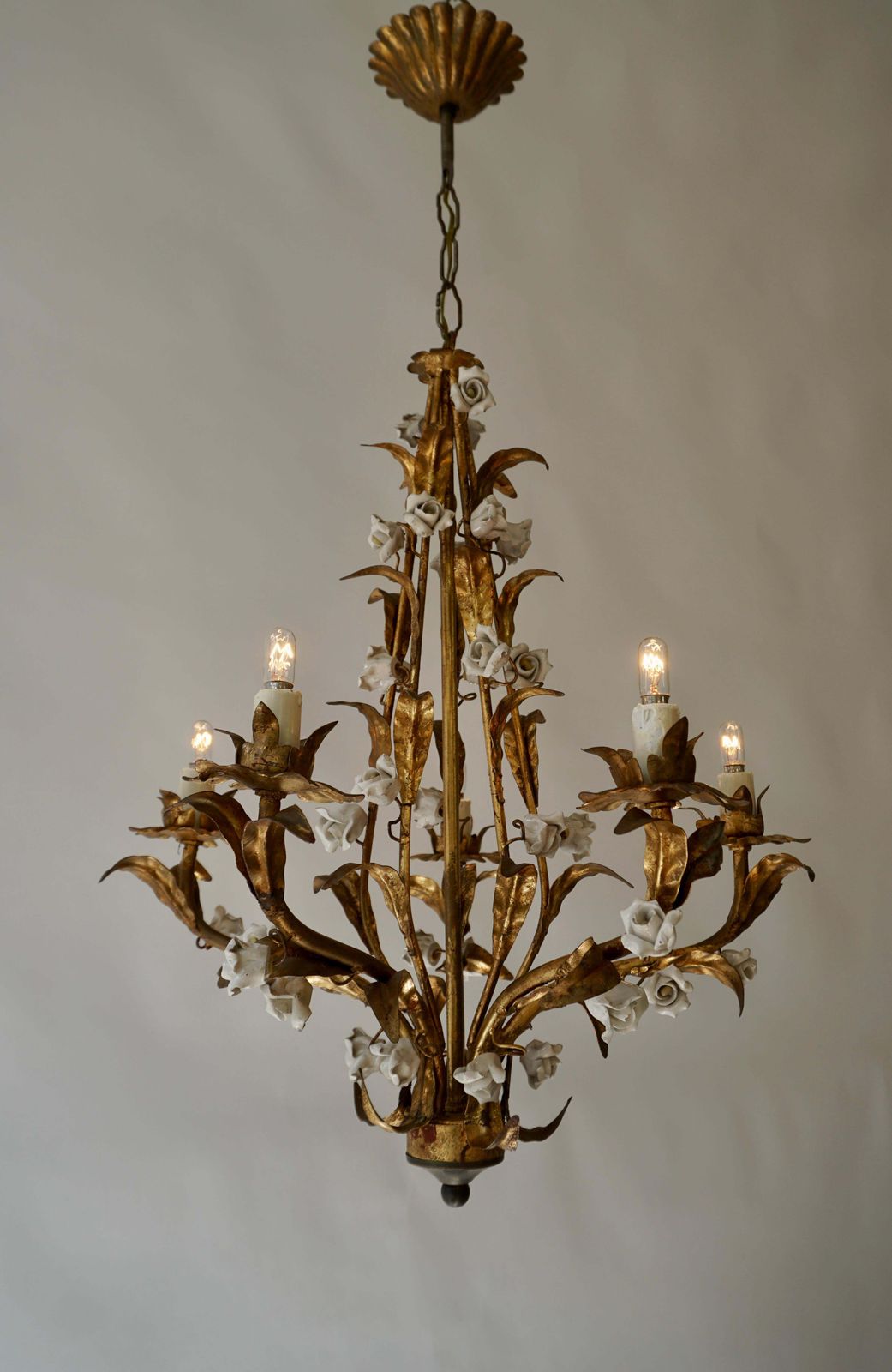 One Italian Brass And Ceramic White And Pink Roses Tole Chandelier photo Lighting