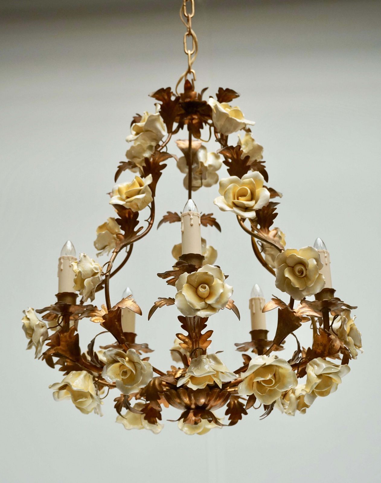 Italian Brass Tole Chandelier With Yellow Porcelain Flowers photo furniture