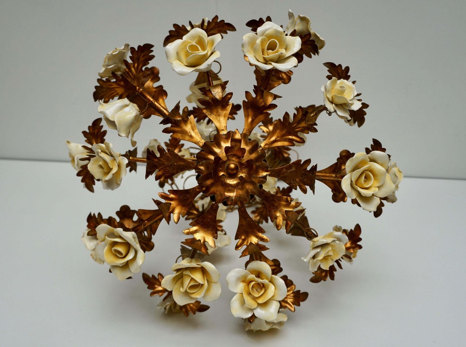Italian Brass Tole Chandelier With Yellow Porcelain Flowers photo for sale