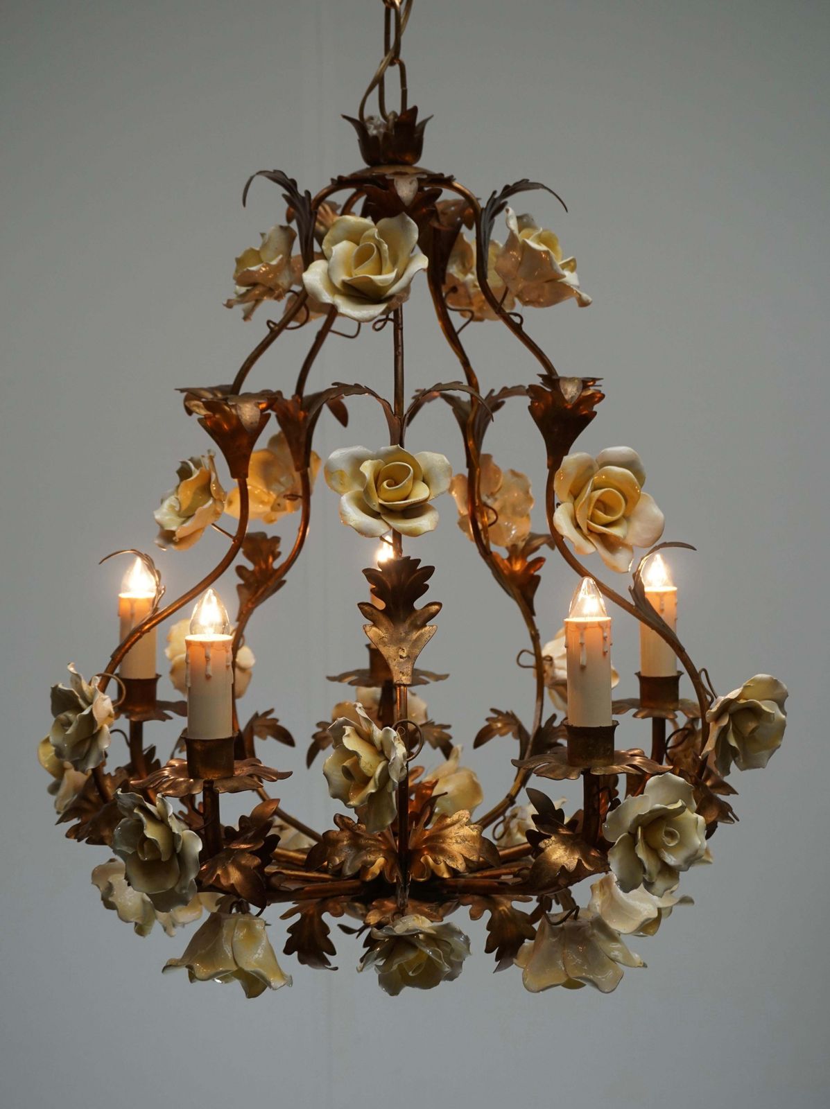 Italian Brass Tole Chandelier With Yellow Porcelain Flowers photo vinterior