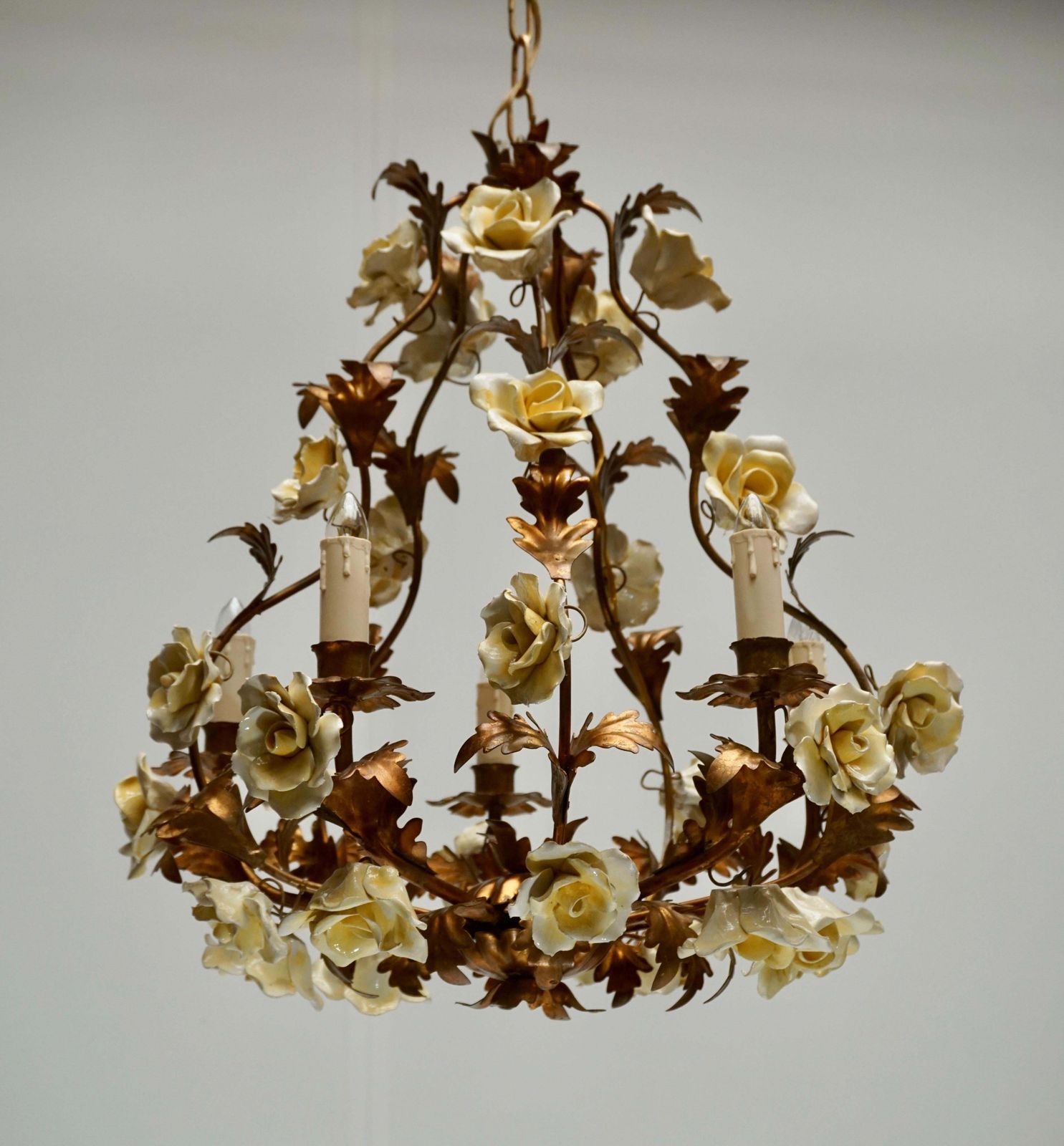 photo furniture Italian Brass Tole Chandelier With Yellow Porcelain Flowers