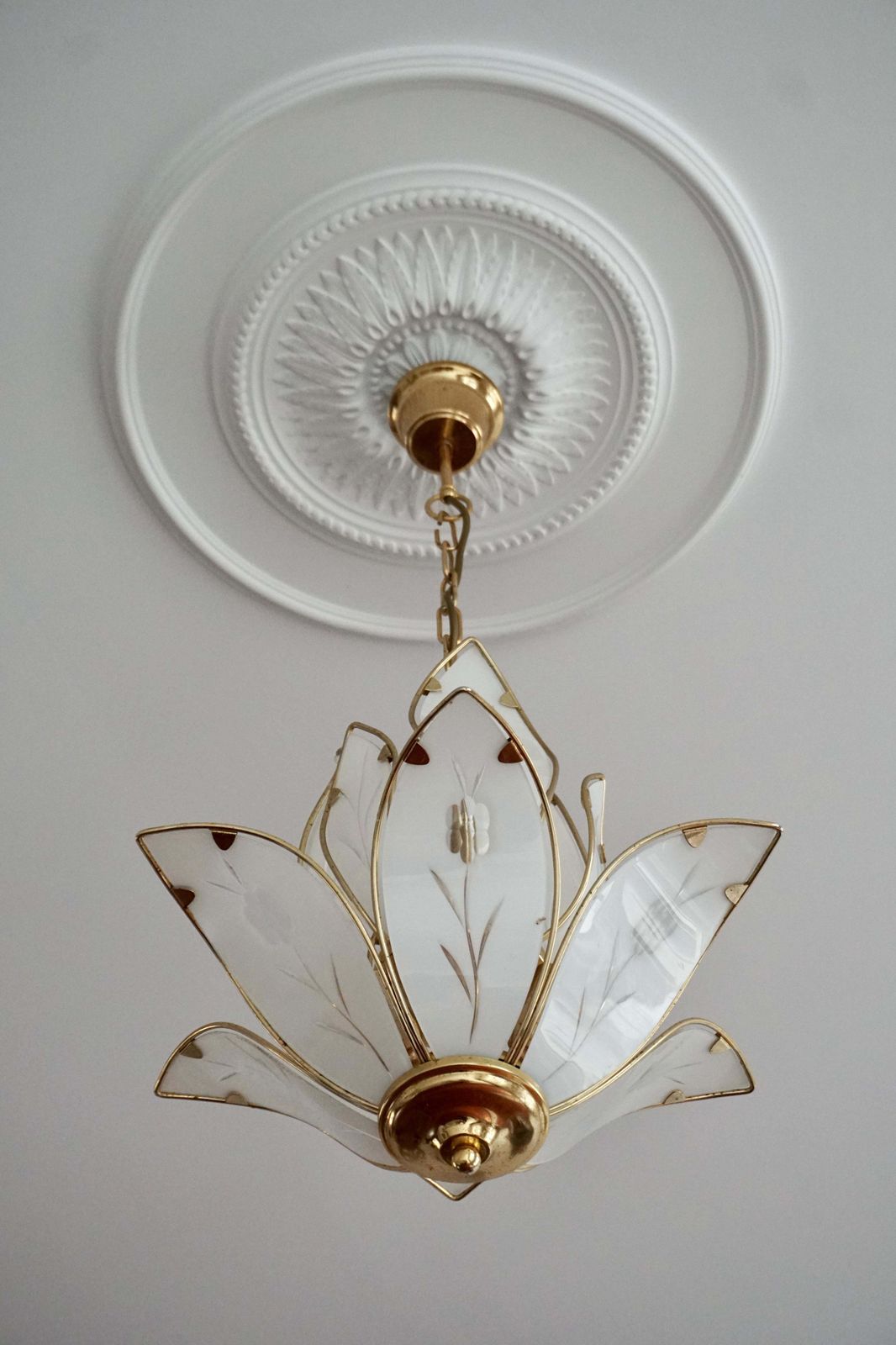 Two Elegant Brass Lotus Flower Chandelier With White Murano Glass Leaves photo Lighting