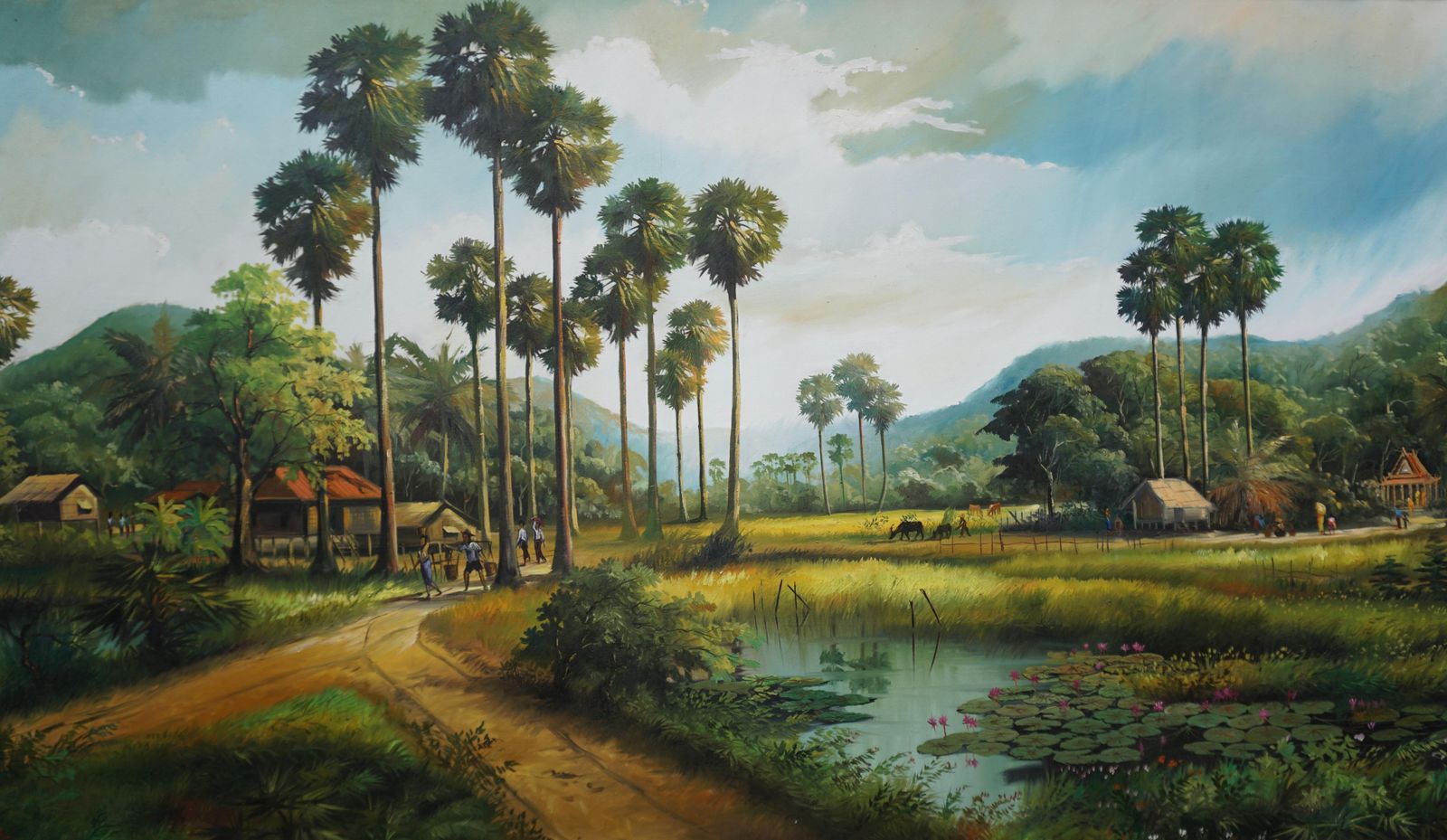 Large Thai Village And Landscape Painting By Cheat Sakda photo Art