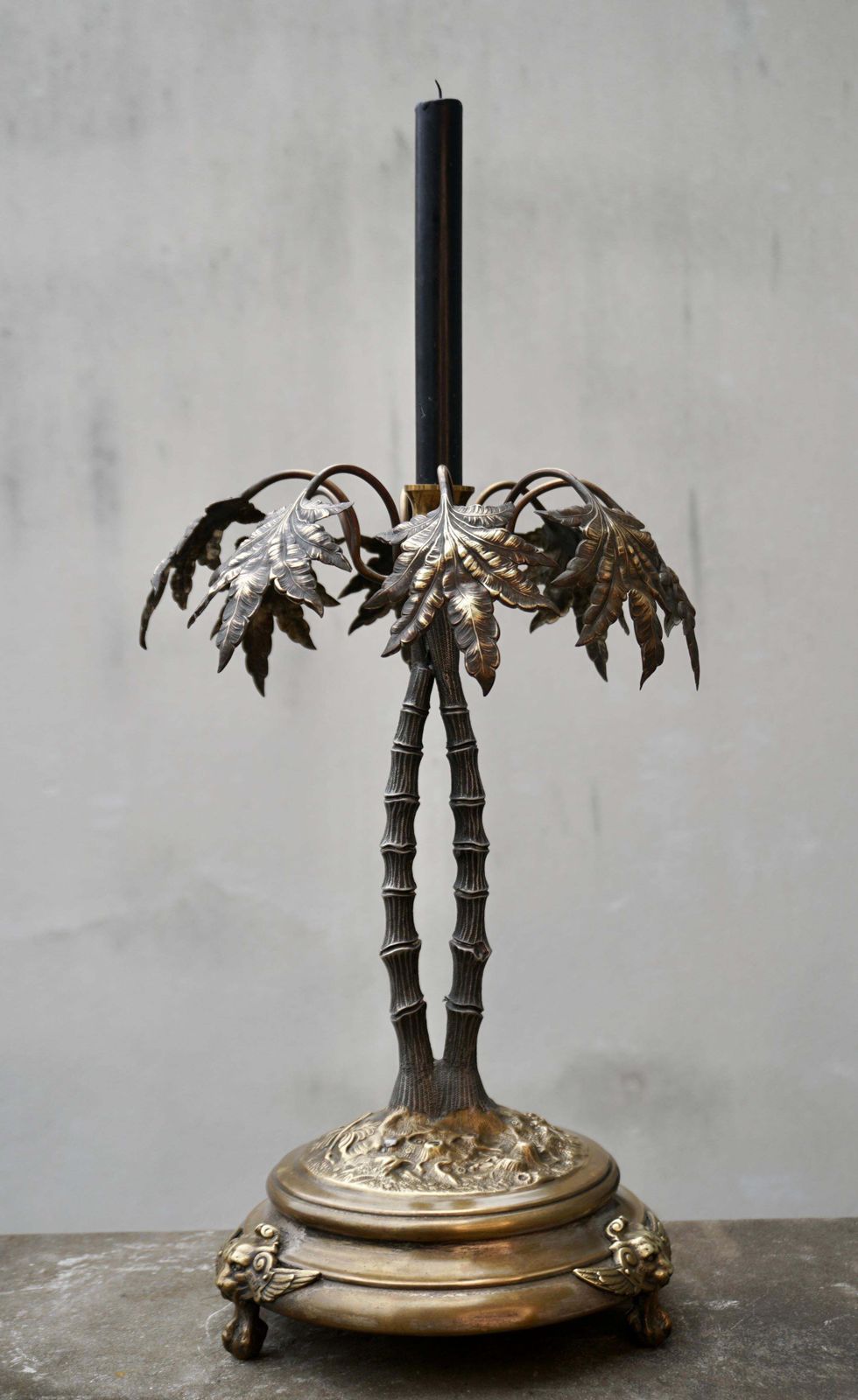 Vintage Tropical Brass Palm Tree Leaf Leaves Candle Stick Holder photo for sale