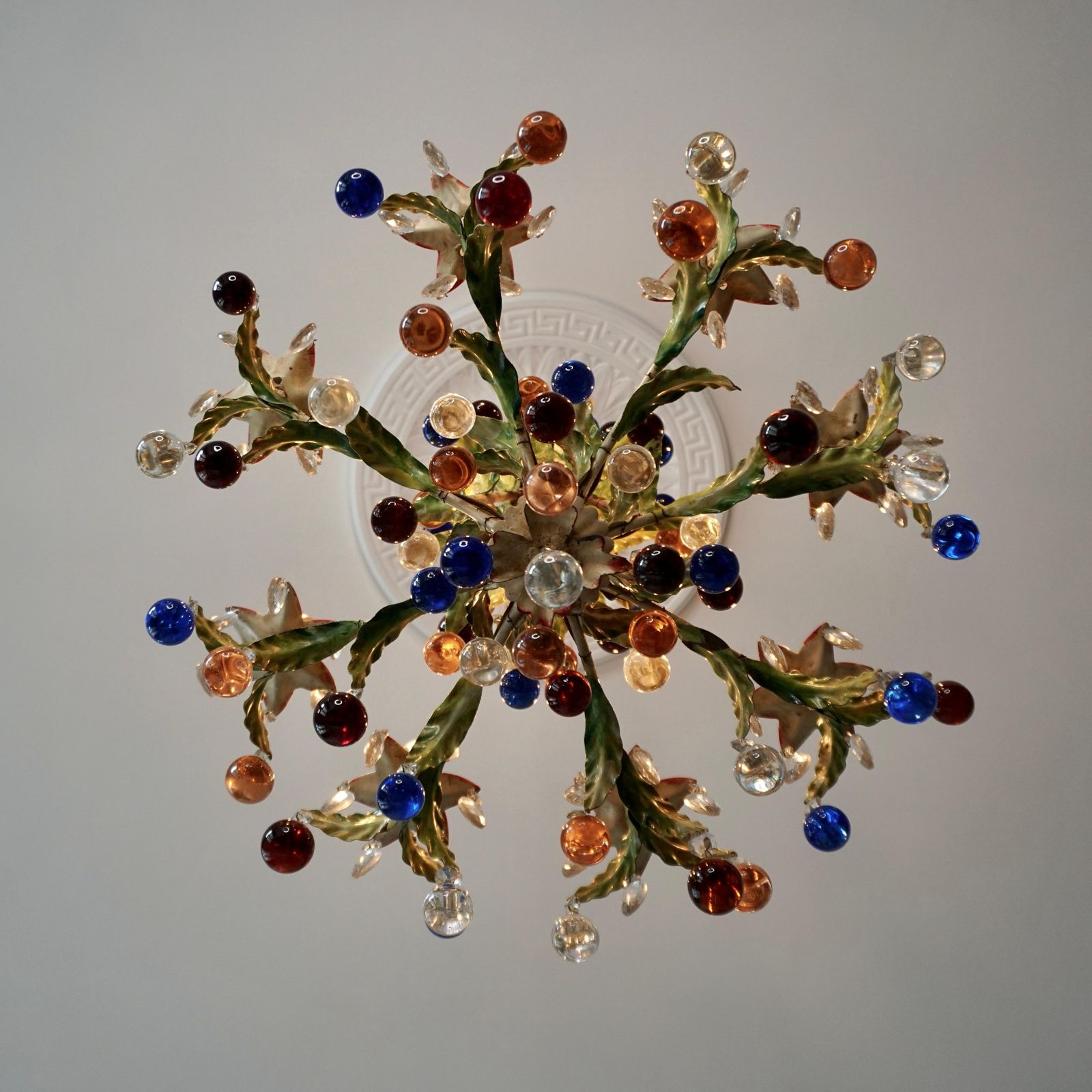 Italian Venetian Painted Metal Eight Light Chandelier With Murano Glass photo Lighting