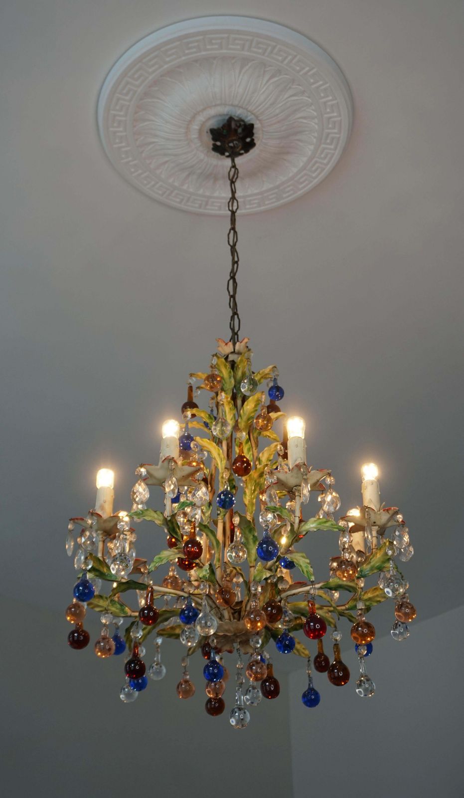 Italian Venetian Painted Metal Eight Light Chandelier With Murano Glass photo vinterior