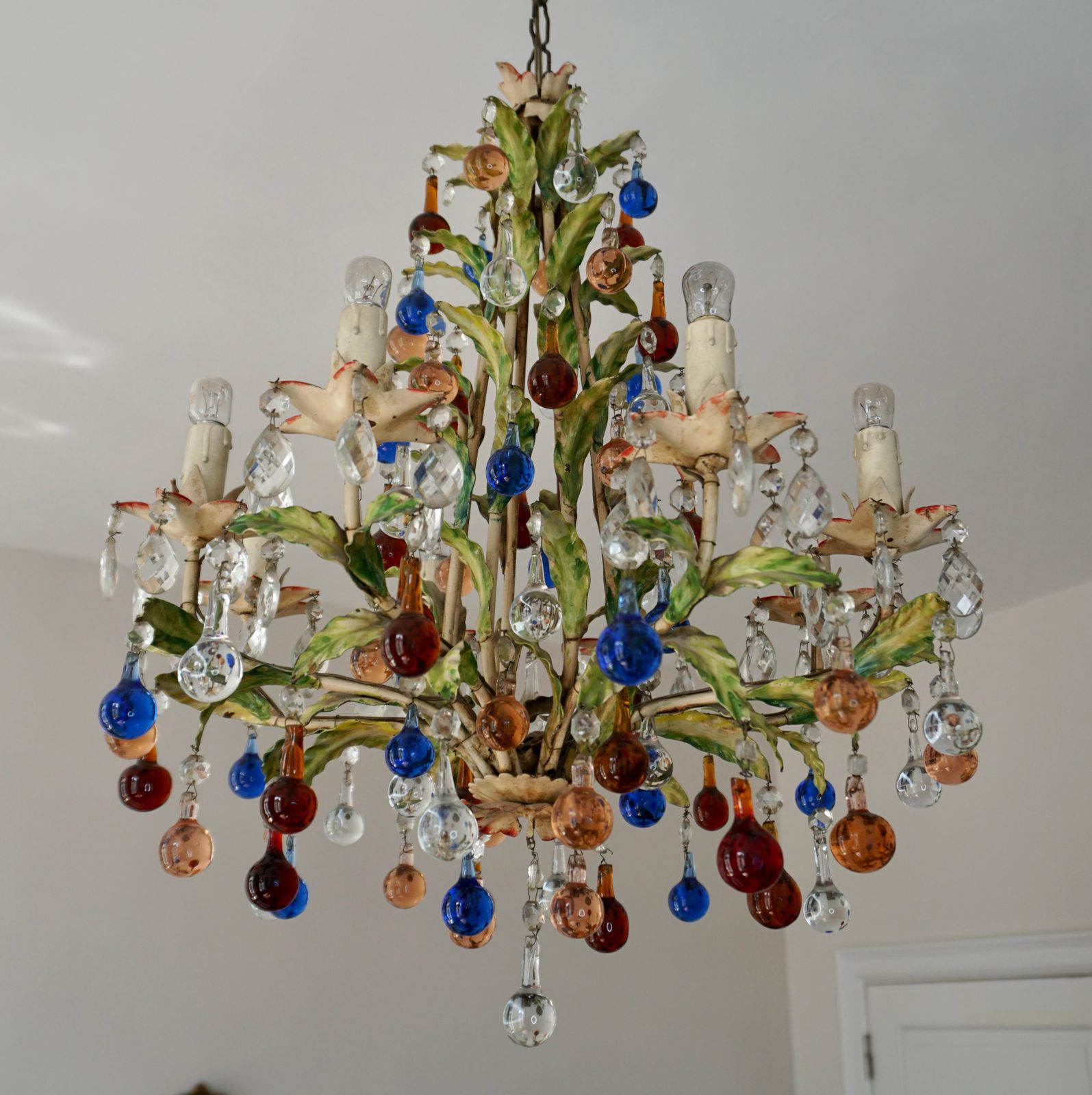 Italian Venetian Painted Metal Eight Light Chandelier With Murano Glass photo vintage