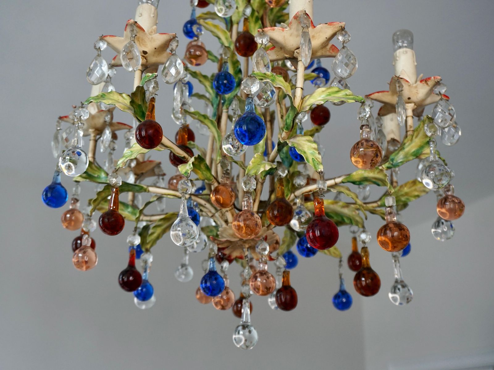 photo for sale Italian Venetian Painted Metal Eight Light Chandelier With Murano Glass