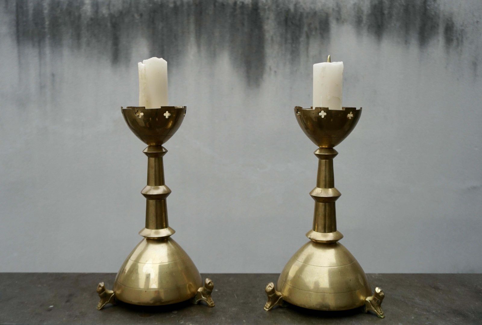 Pair Of Gilt Bronze Gothic Revival Altar Pricket Candlesticks W. Lion Sculptures photo furniture