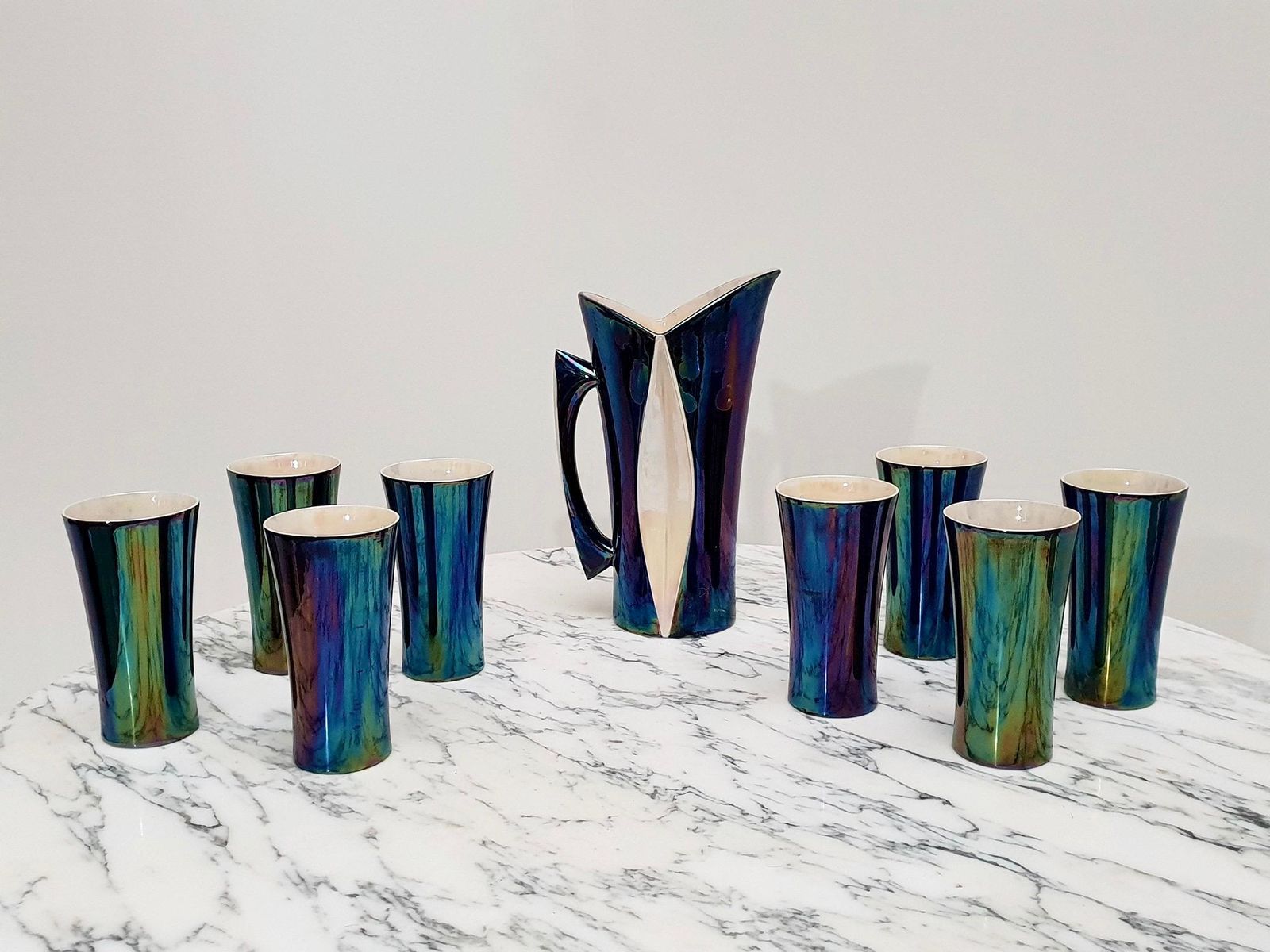 Mid 20th Century Iridescent Ceramic Drinks Set Of 9 Made In France, 1970s photo furniture