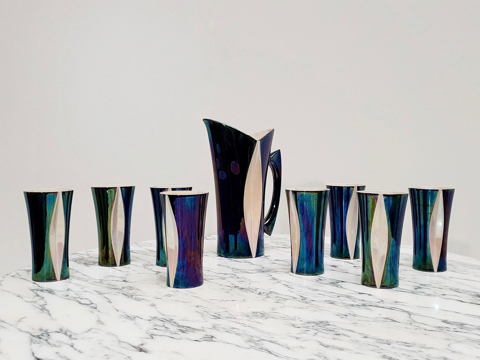 Mid 20th Century Iridescent Ceramic Drinks Set Of 9 Made In France, 1970s photo 1231.0
