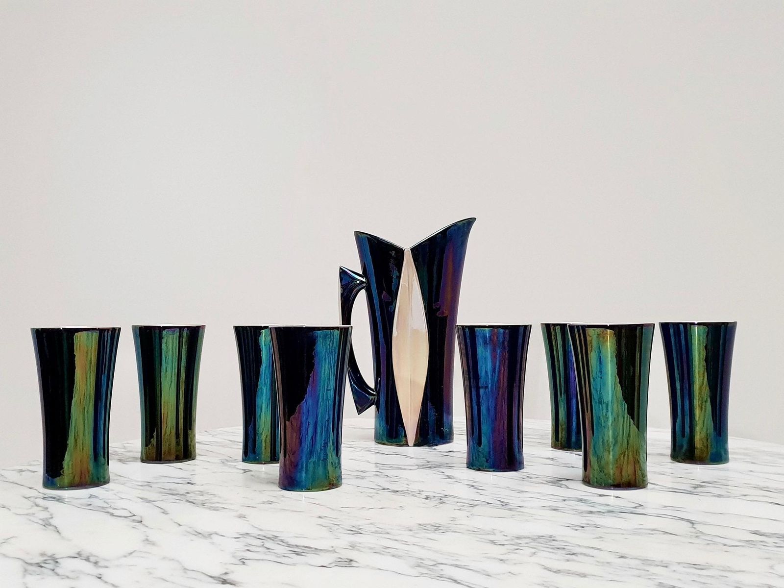 photo vintage Mid 20th Century Iridescent Ceramic Drinks Set Of 9 Made In France, 1970s