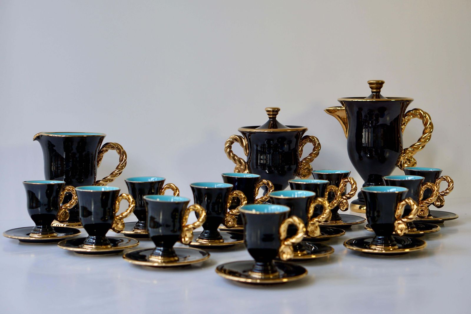 Marius Giuge Fine Gilded Ceramic Tea And Coffee Set, Vallauris, Circa 1960s photo furniture