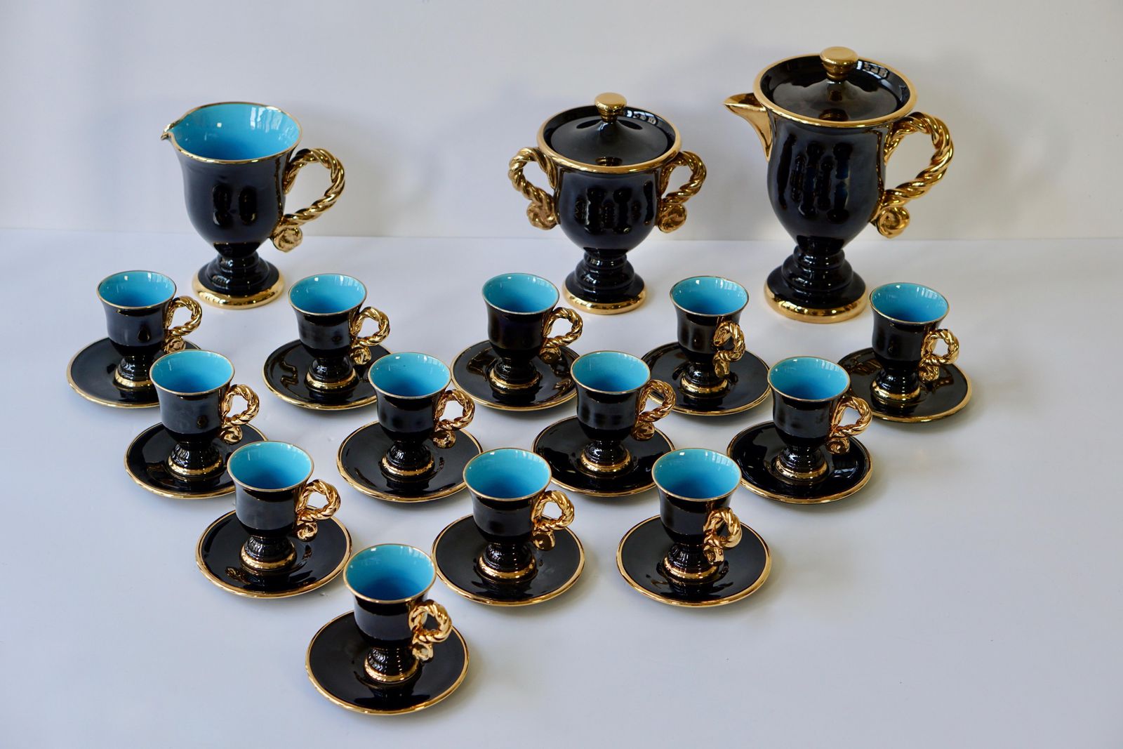 Marius Giuge Fine Gilded Ceramic Tea And Coffee Set, Vallauris, Circa 1960s photo for sale
