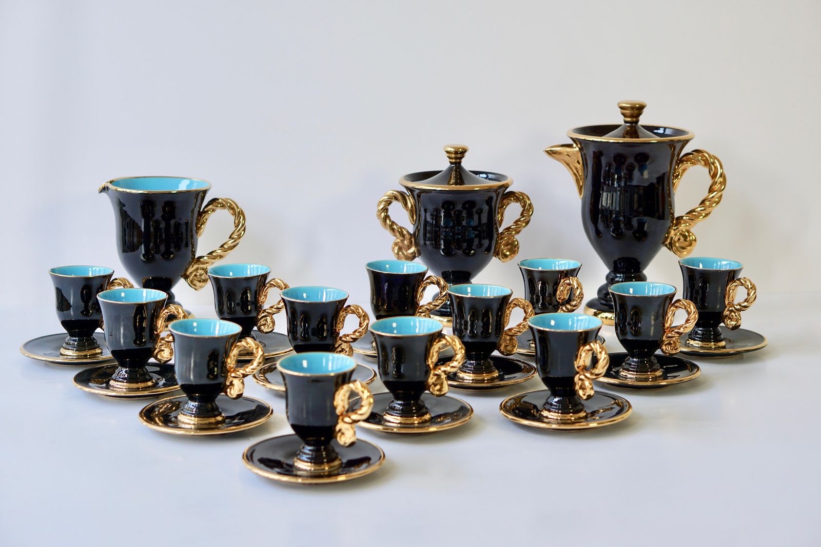 Marius Giuge Fine Gilded Ceramic Tea And Coffee Set, Vallauris, Circa 1960s photo vintage