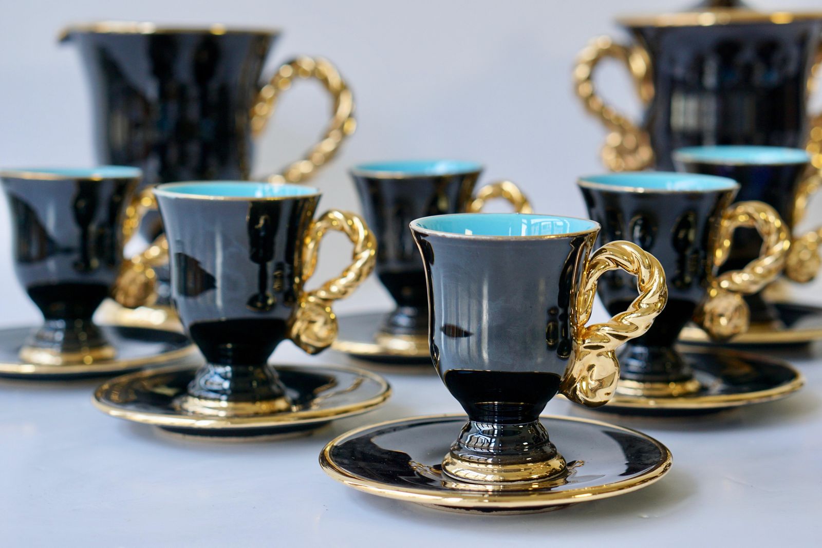 photo buy Marius Giuge Fine Gilded Ceramic Tea And Coffee Set, Vallauris, Circa 1960s