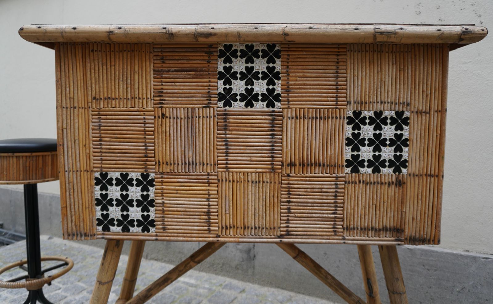 1950s Midcentury Rattan And Bamboo Tiki Bar With Two Stools photo vinterior