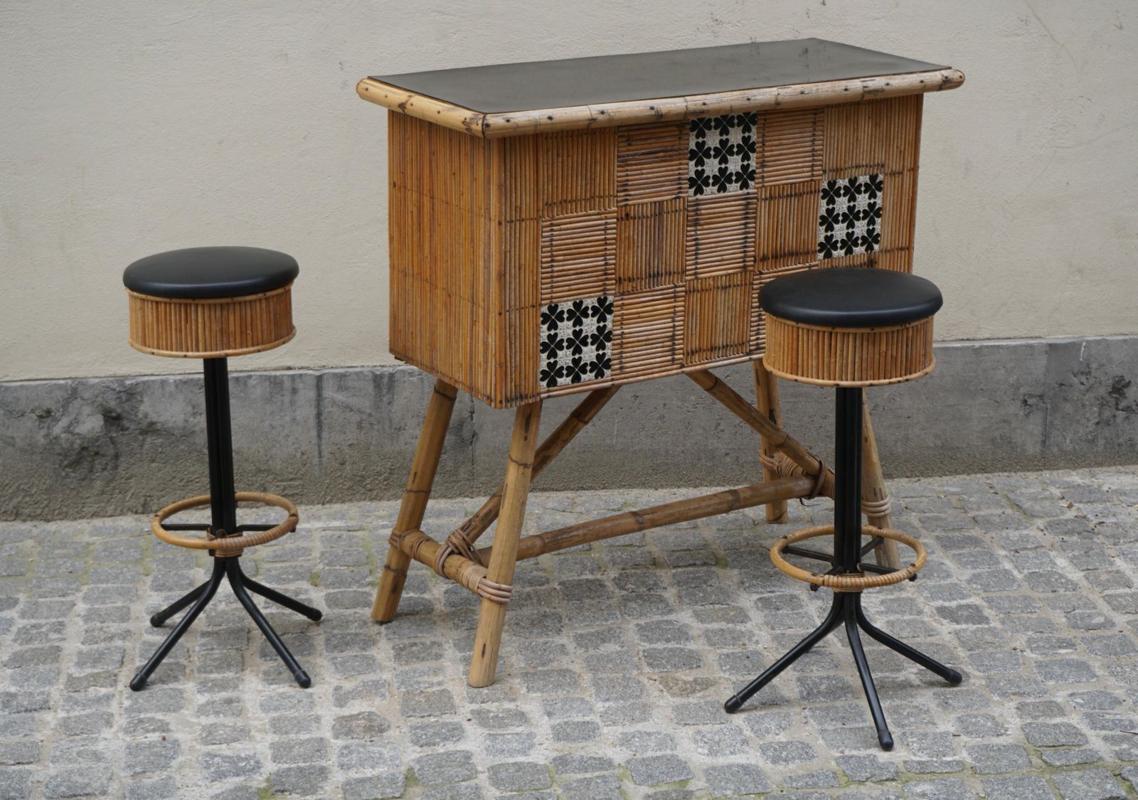 1950s Midcentury Rattan And Bamboo Tiki Bar With Two Stools photo vintage