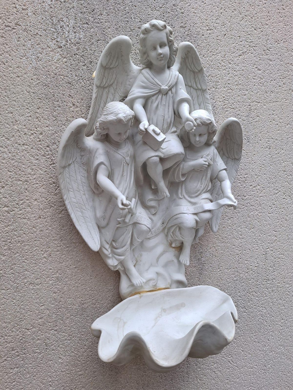 Antique Large Bisque Porcelain Holy Water Font With Angels photo Home Decor