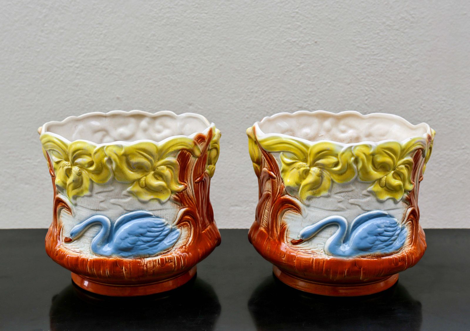 Pair Art Nouveau Swan Planters Jardinieres, Majolica, Early 20th Century, France photo for sale