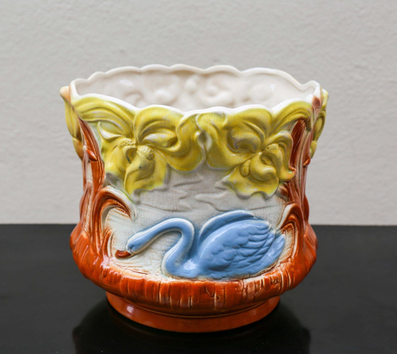 Pair Art Nouveau Swan Planters Jardinieres, Majolica, Early 20th Century, France photo 1359.0
