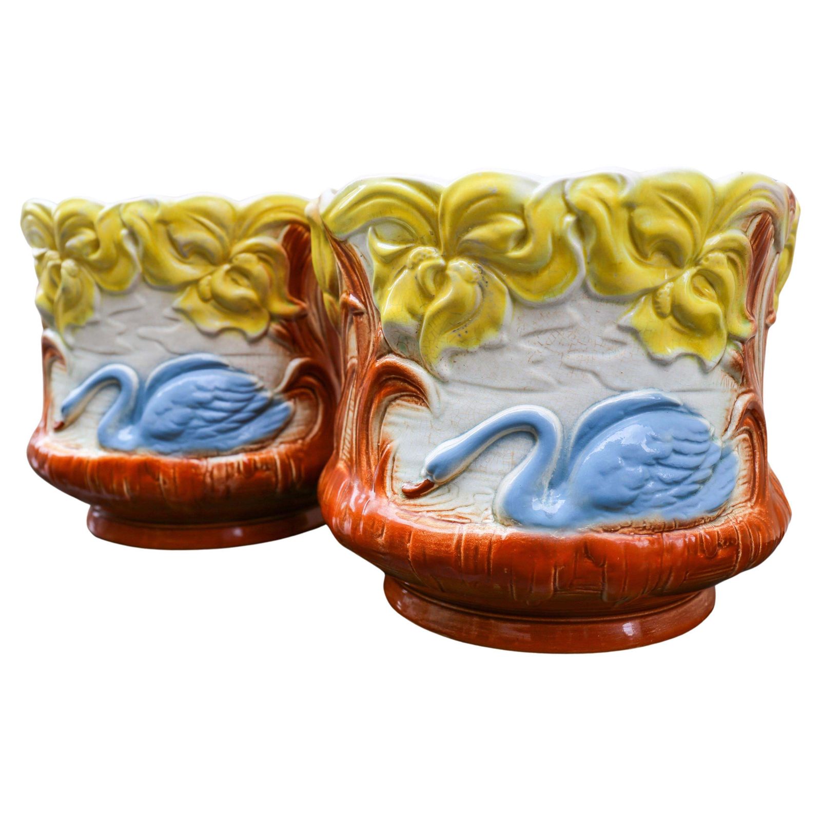 Pair Art Nouveau Swan Planters Jardinieres, Majolica, Early 20th Century, France photo vinterior