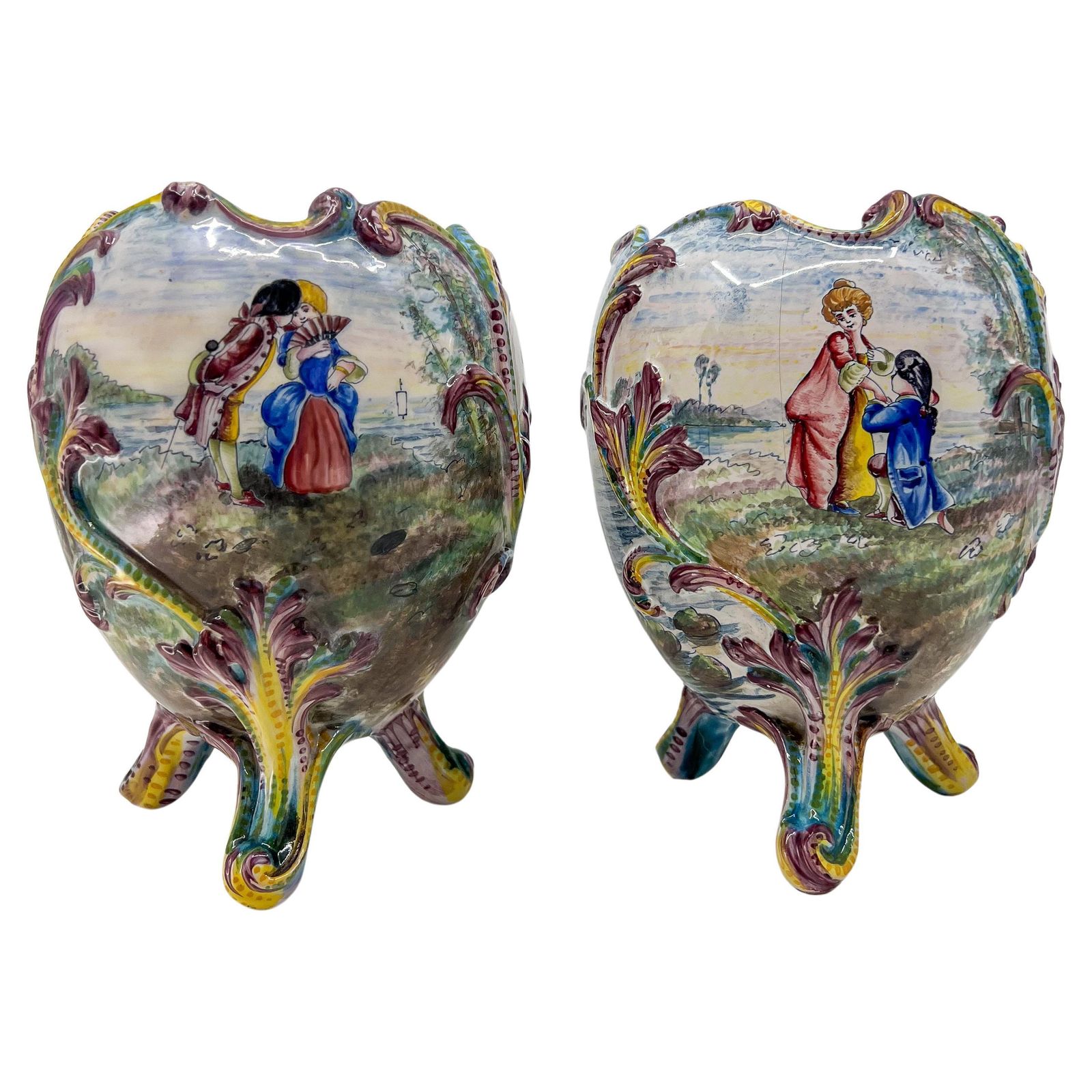 Pair Of Belle Epoque Porcelain Painted Jardinieres With Romantic Scenes