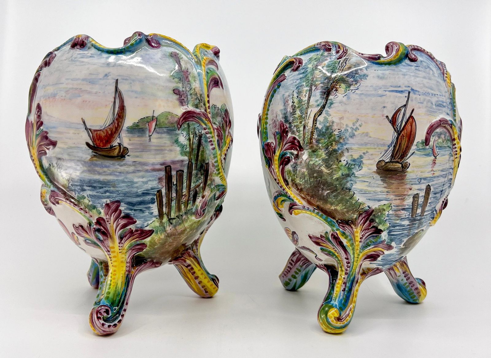 Pair Of Belle Epoque Porcelain Painted Jardinieres With Romantic Scenes photo Garden Decor