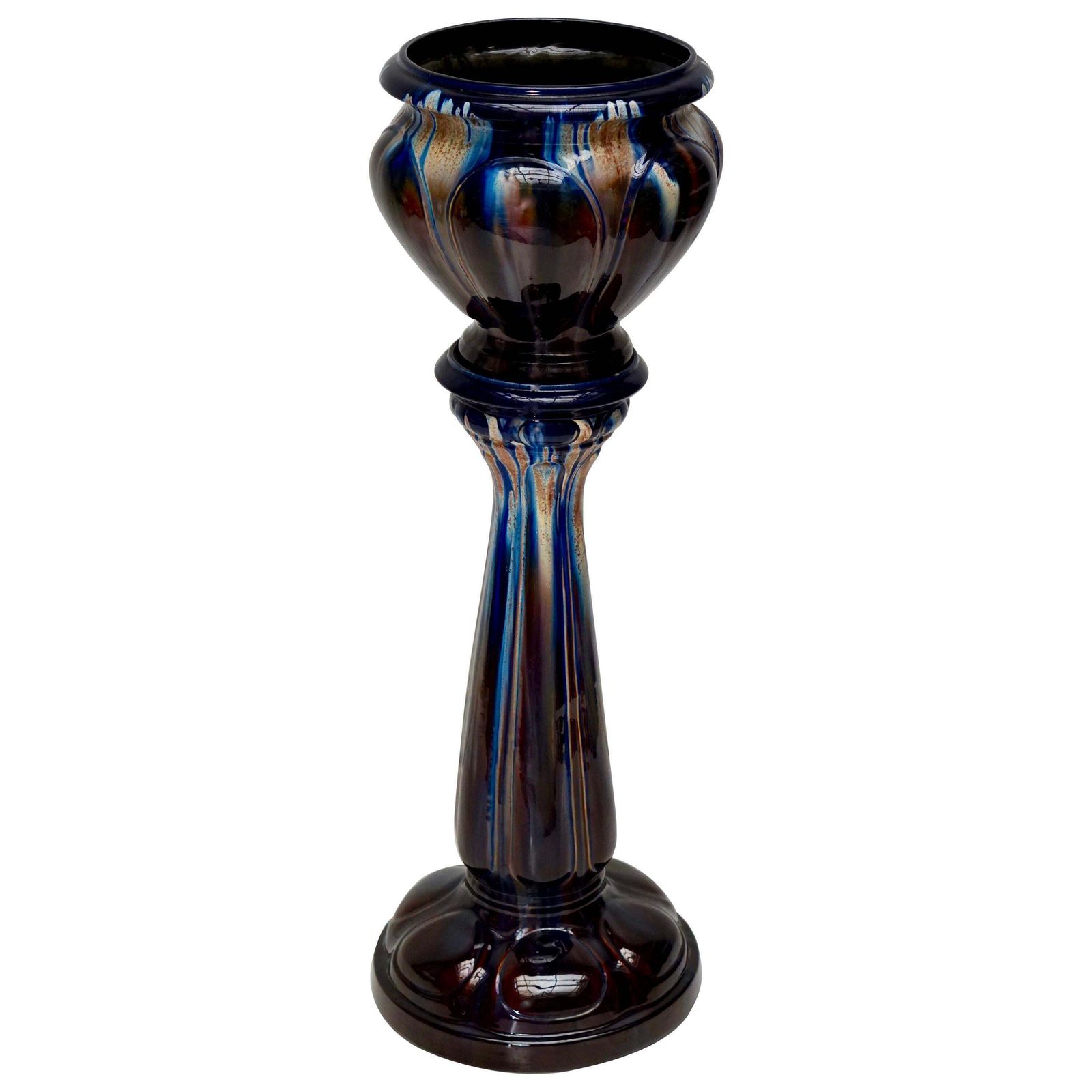 Big Richly Glazed Hand Thrown Ceramic Handled Planter Jardinière On A Column