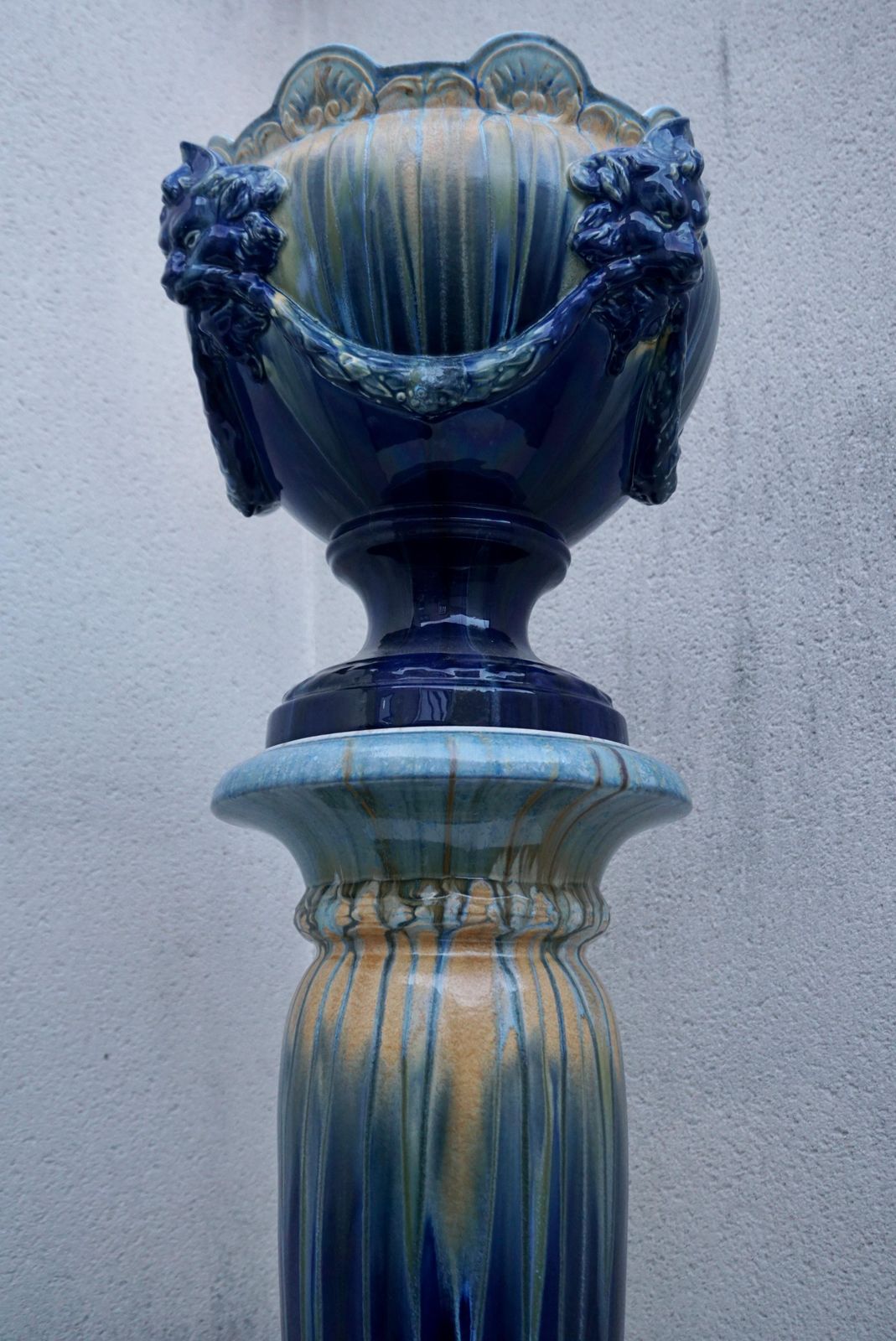 A Jardiniere On Column With Lion Head Decor In Flemish Earthenware Style photo Garden Decor