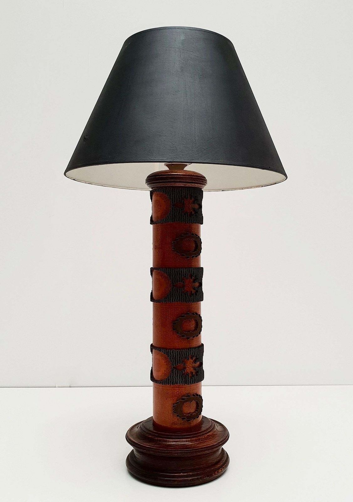 Table Lamp In Wood And Brass Made From An Old Stamp photo for sale