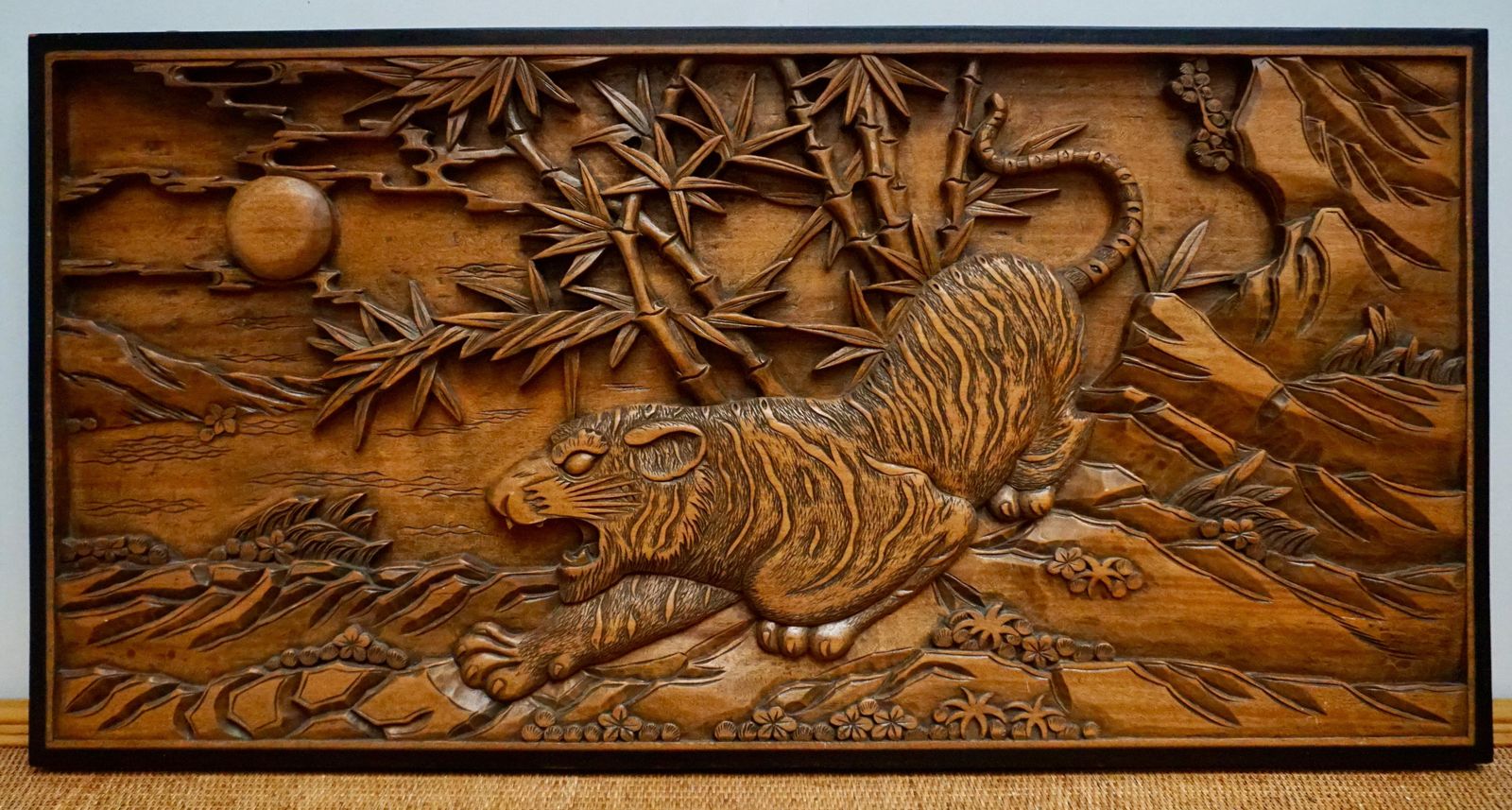 Chinese Carved Wood Wall Art From A Hunting Tiger photo for sale