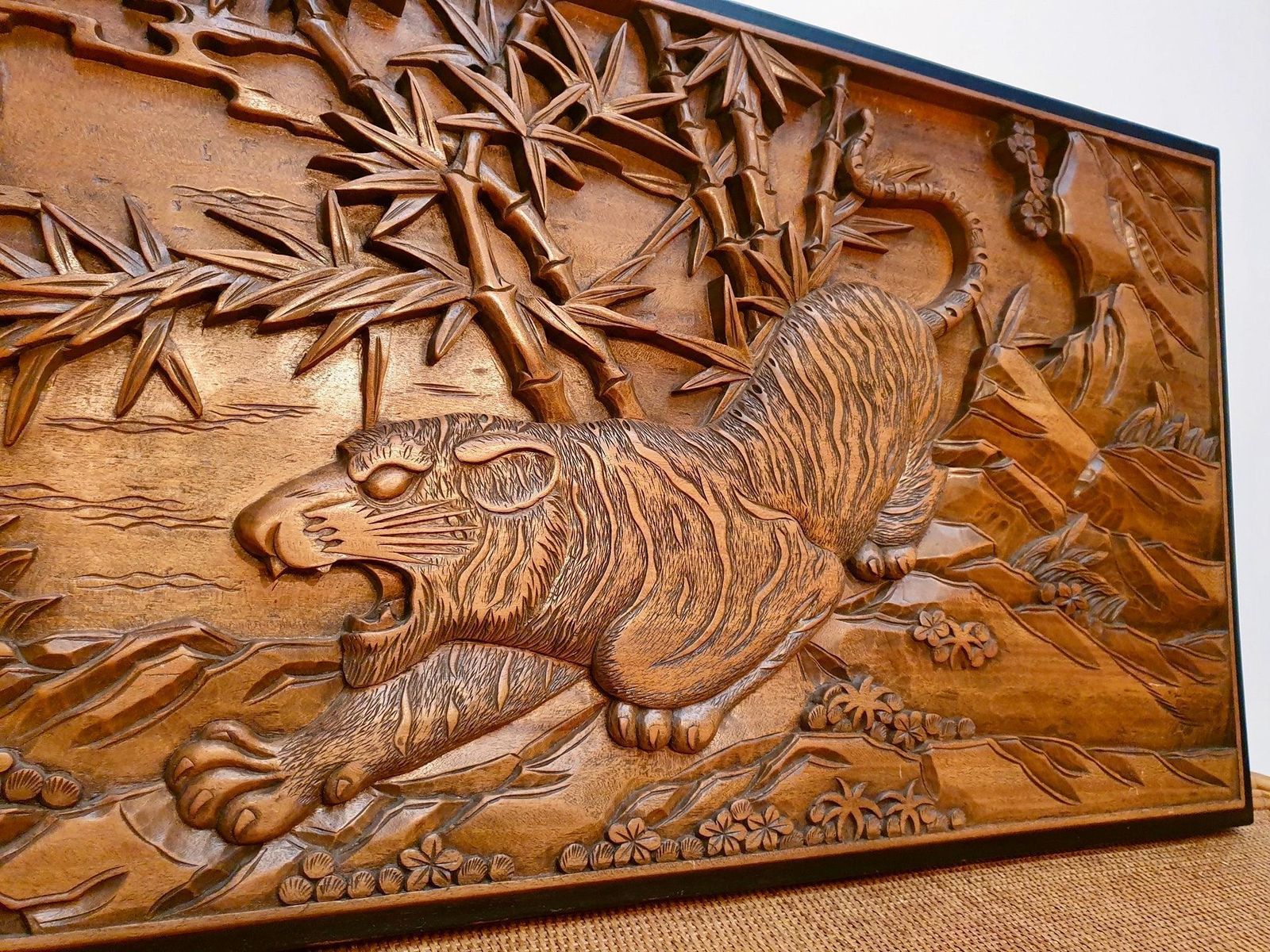 Chinese Carved Wood Wall Art From A Hunting Tiger photo Art