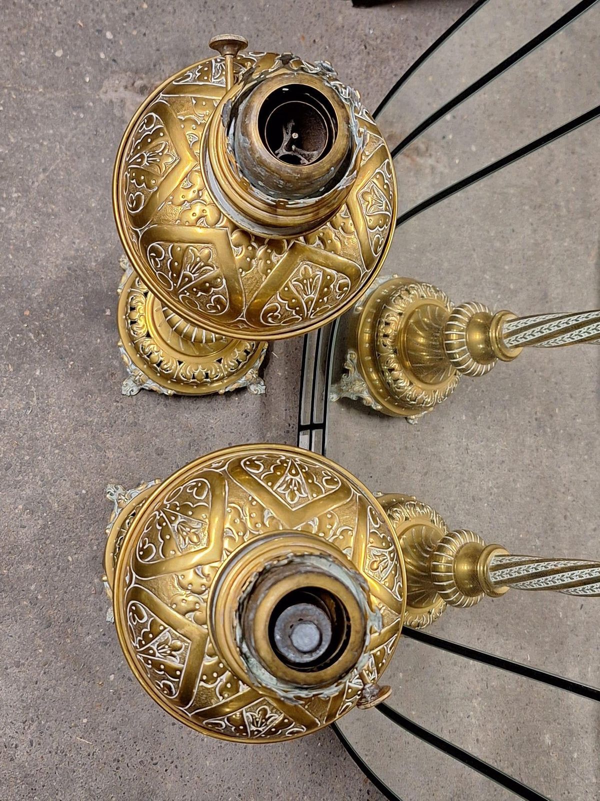 Lighting Pair Of Antique Victorian Reeded Column Brass Oil Lamps photo