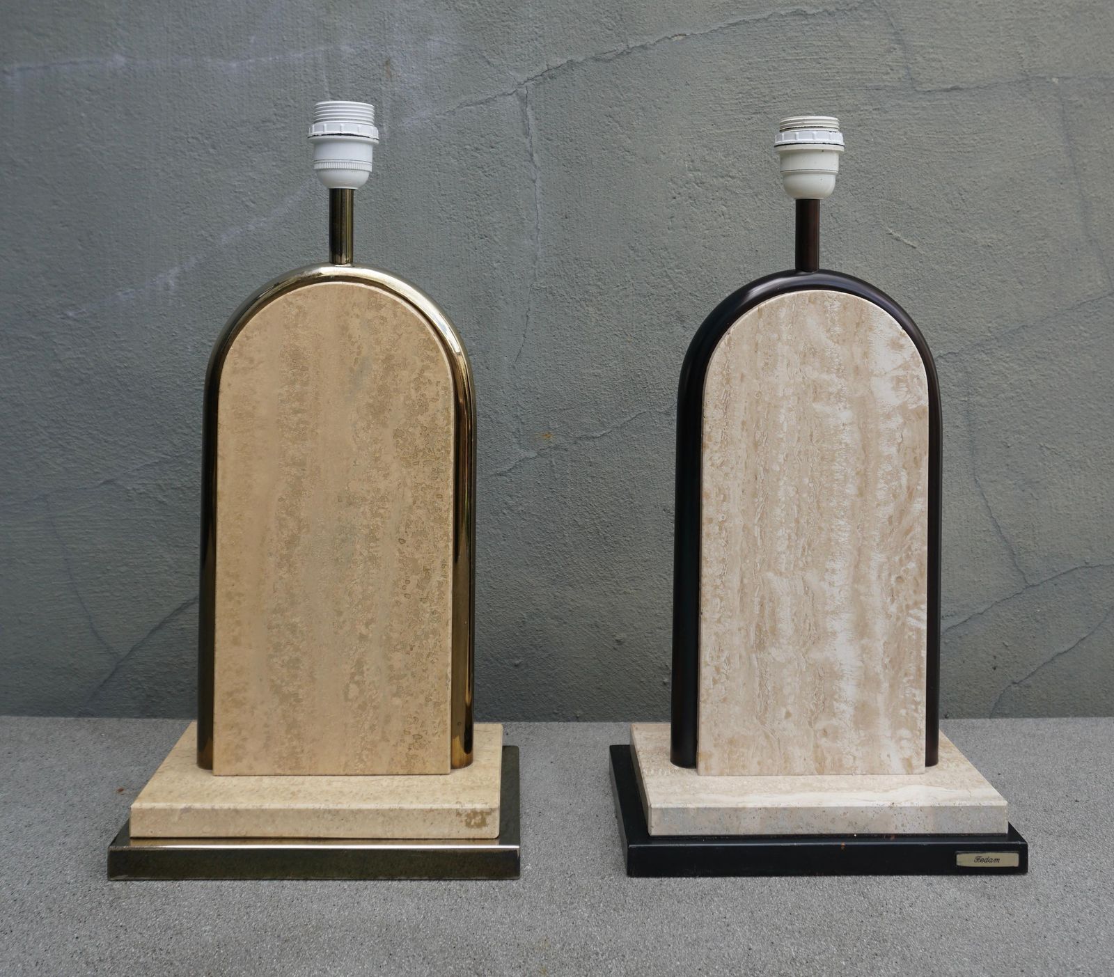 Pair Of Belgian Beige Travertine And Gilt Metal Table Lamps, Belgium 1970's photo furniture