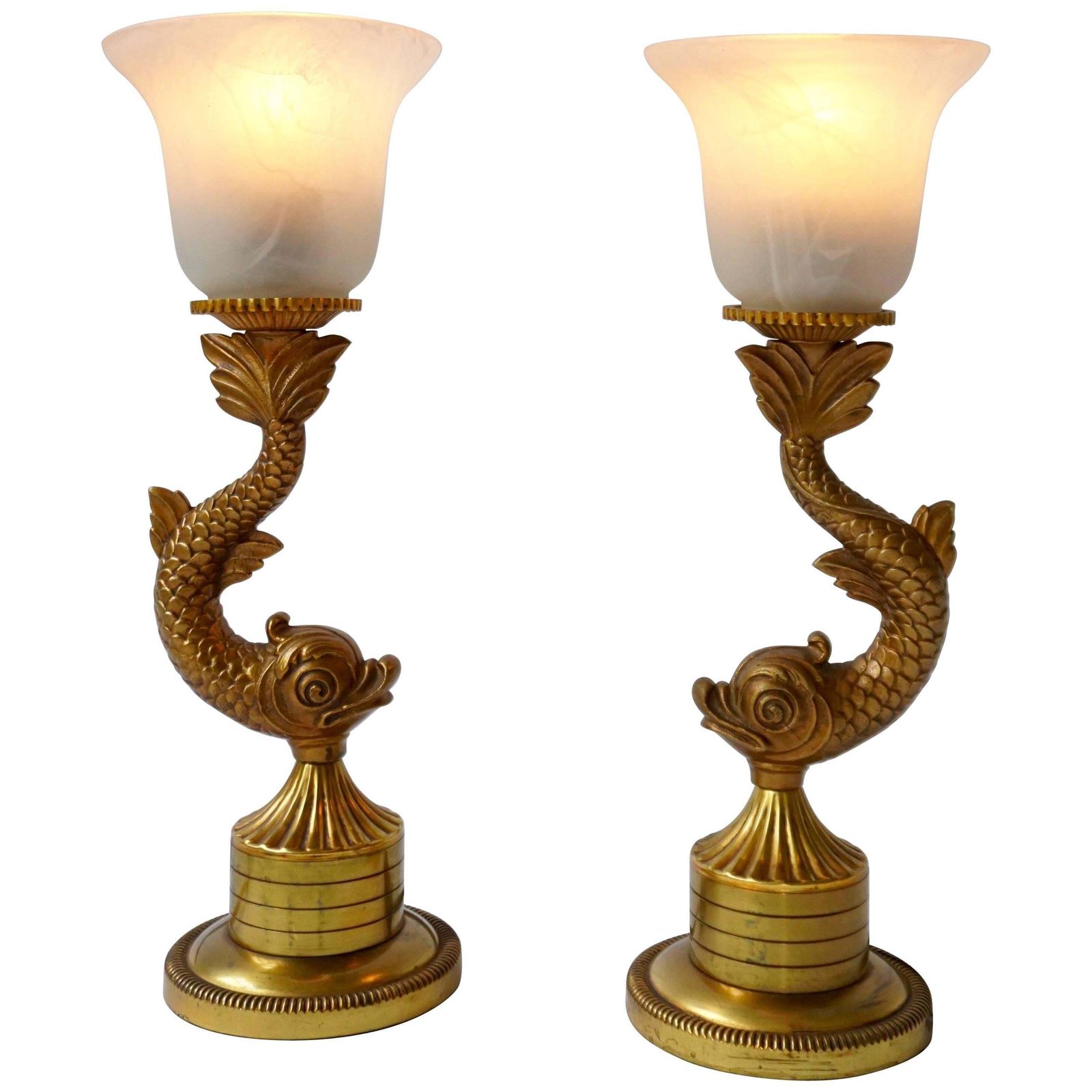 Pair Of 1950s Stylized Japanese Design Dragon Serpentine Koi Fish Table Lamps