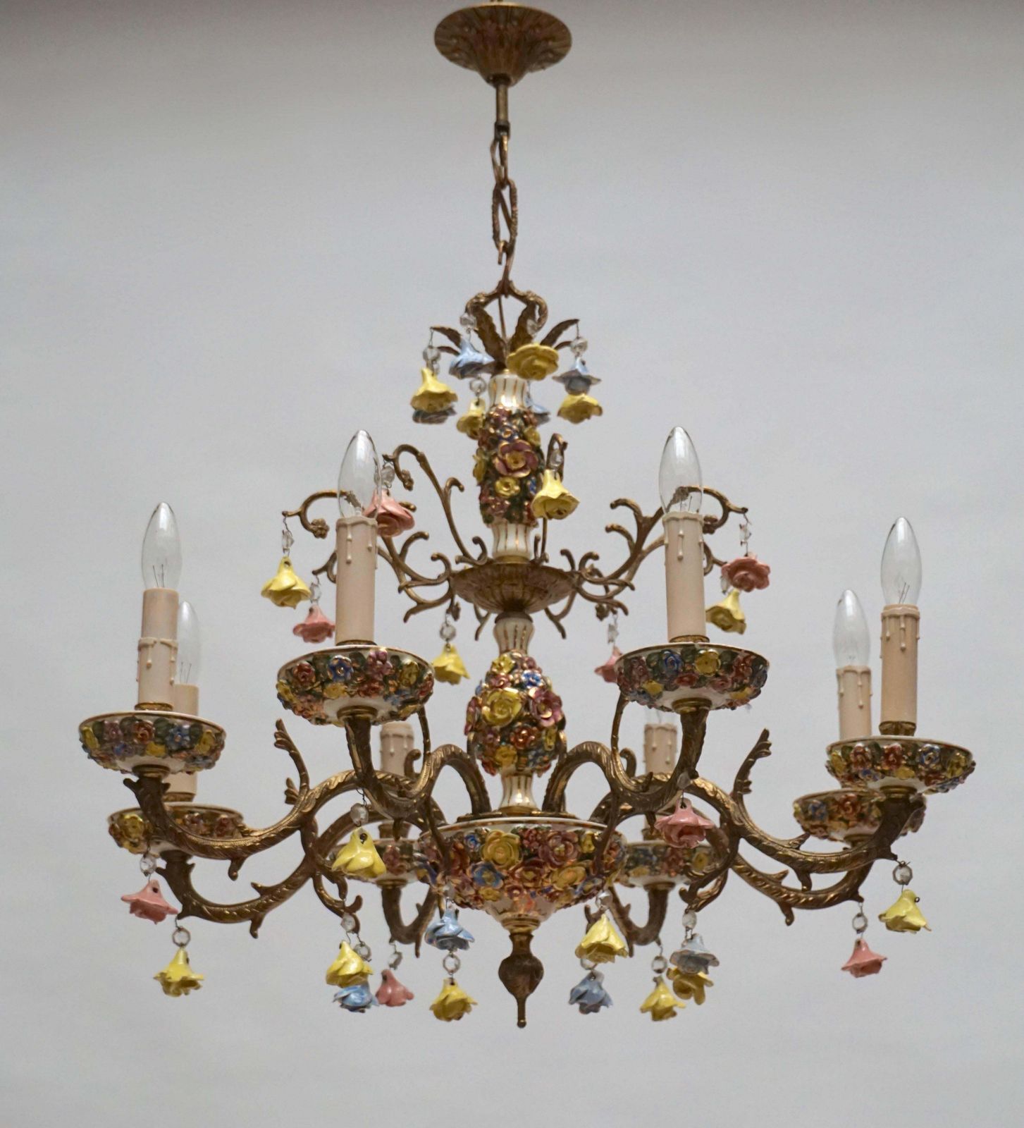 Gilt Iron With Porcelain Flowers Chandelier photo furniture