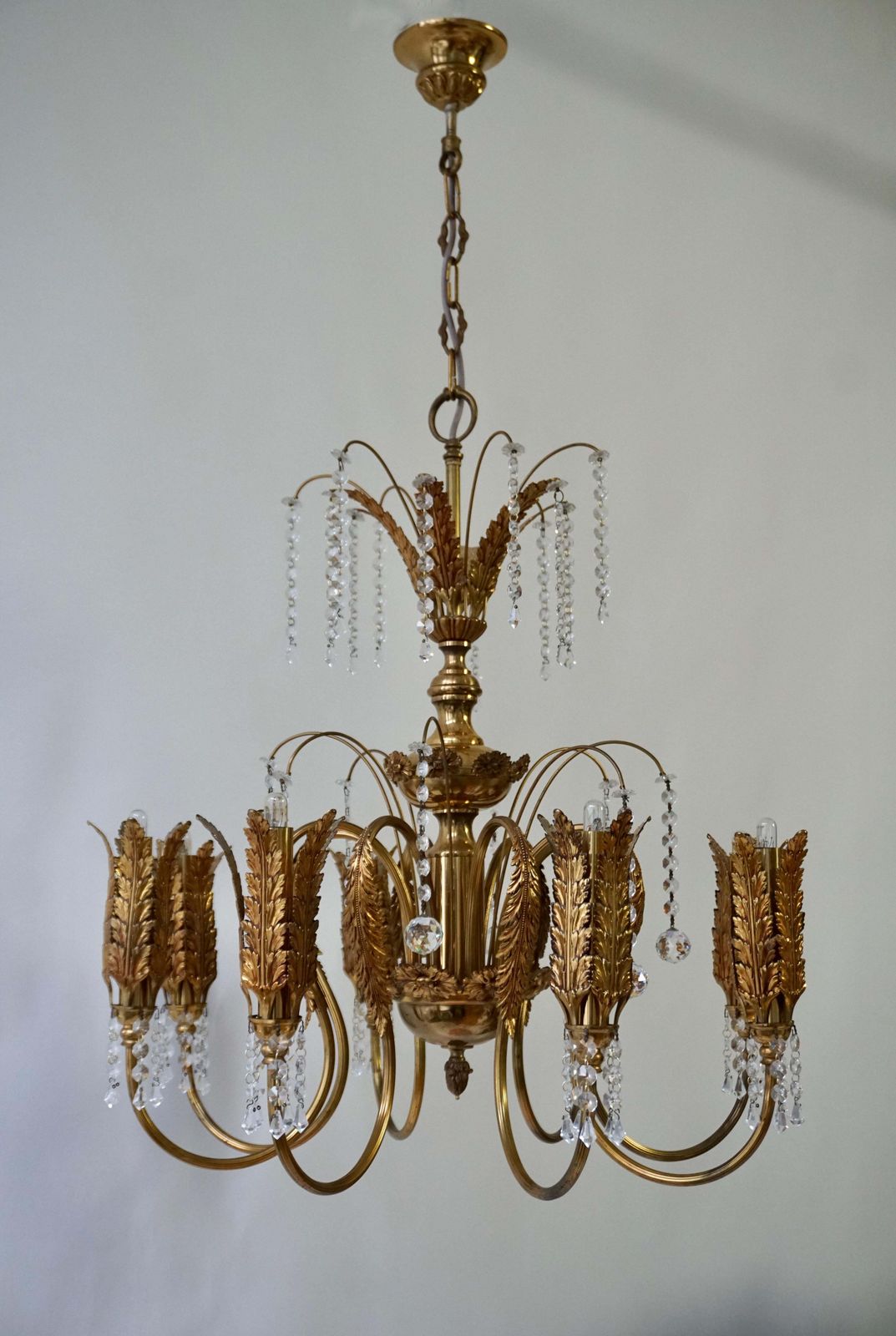 Gilt Palm Leaf Hollywood Regency Chandelier With Crystal photo furniture