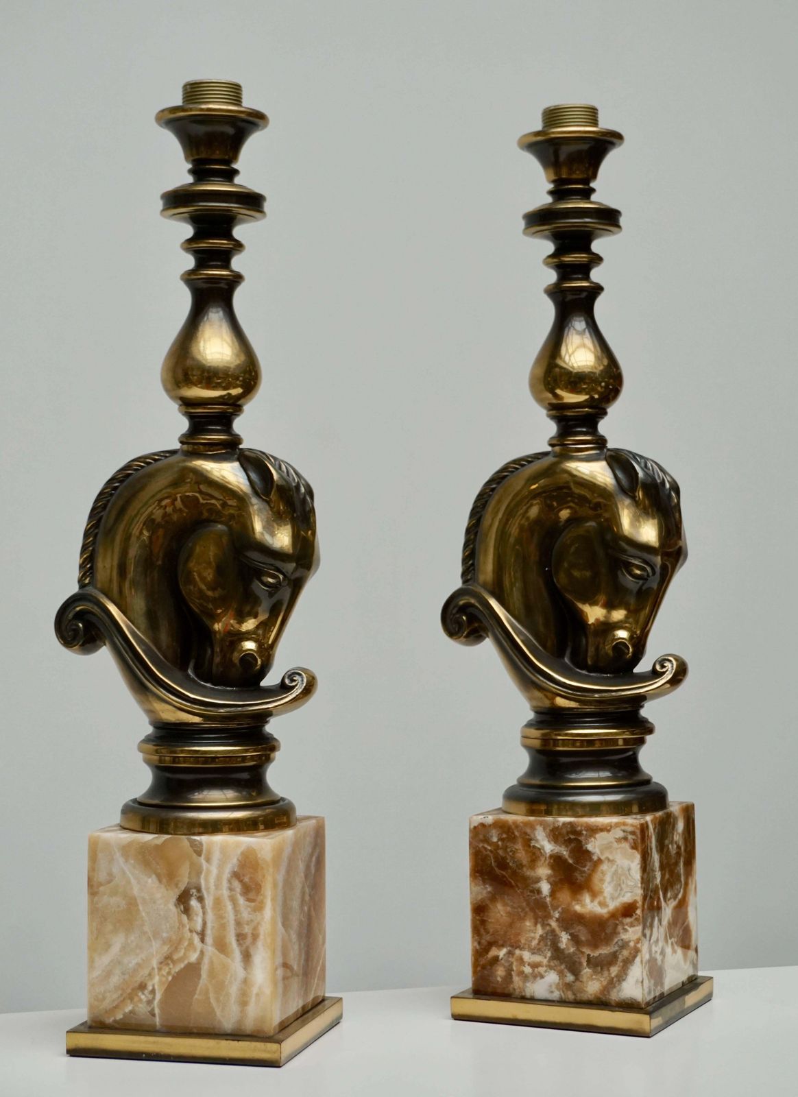 Maison Charles, Pair Of Large Brass And Marble Horse Lamps photo furniture