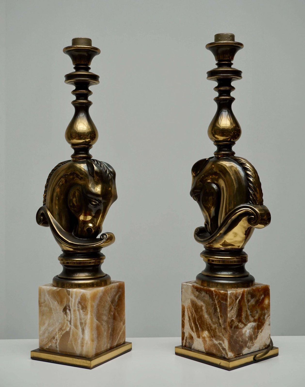 Maison Charles, Pair Of Large Brass And Marble Horse Lamps photo for sale