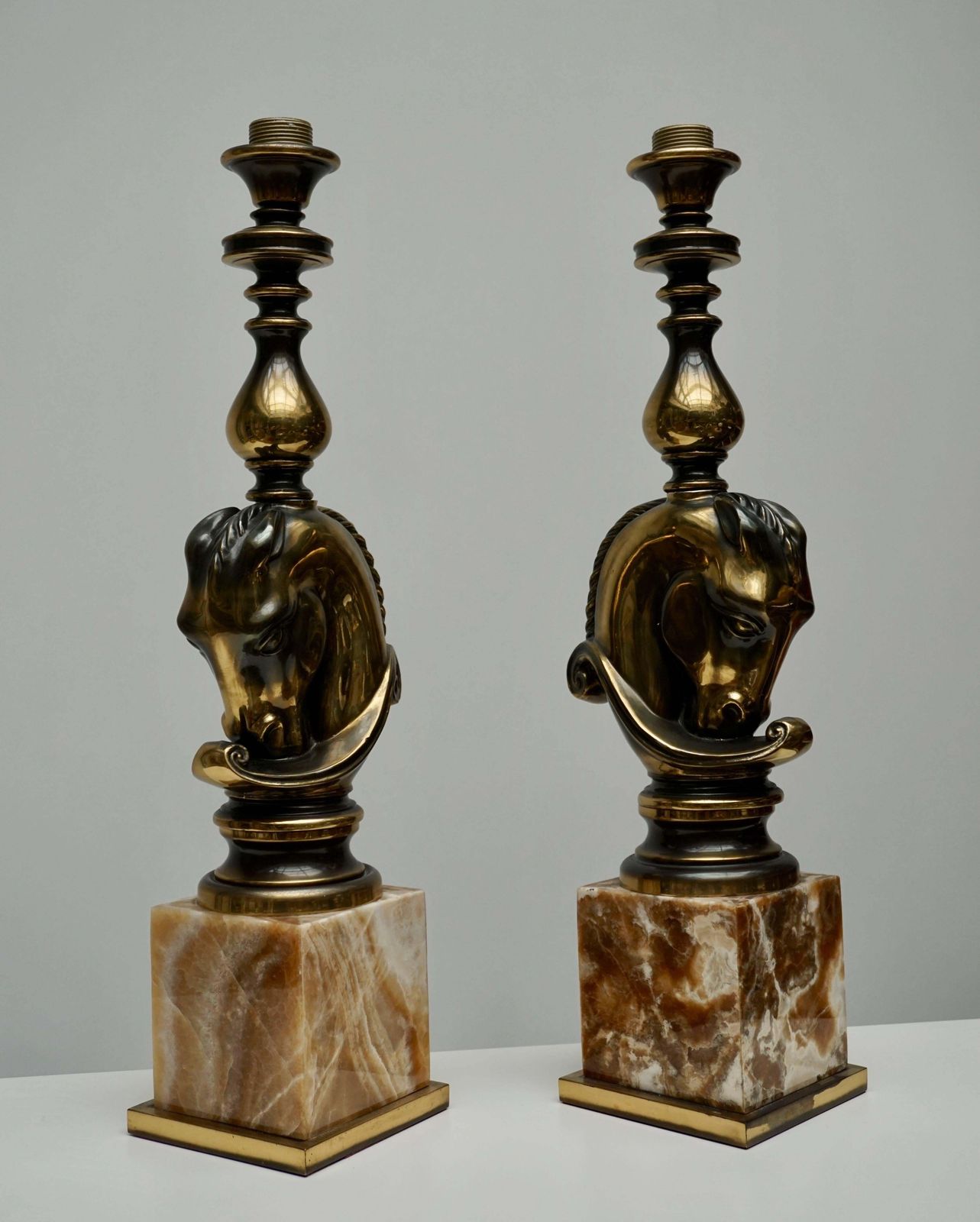 Maison Charles, Pair Of Large Brass And Marble Horse Lamps photo buy