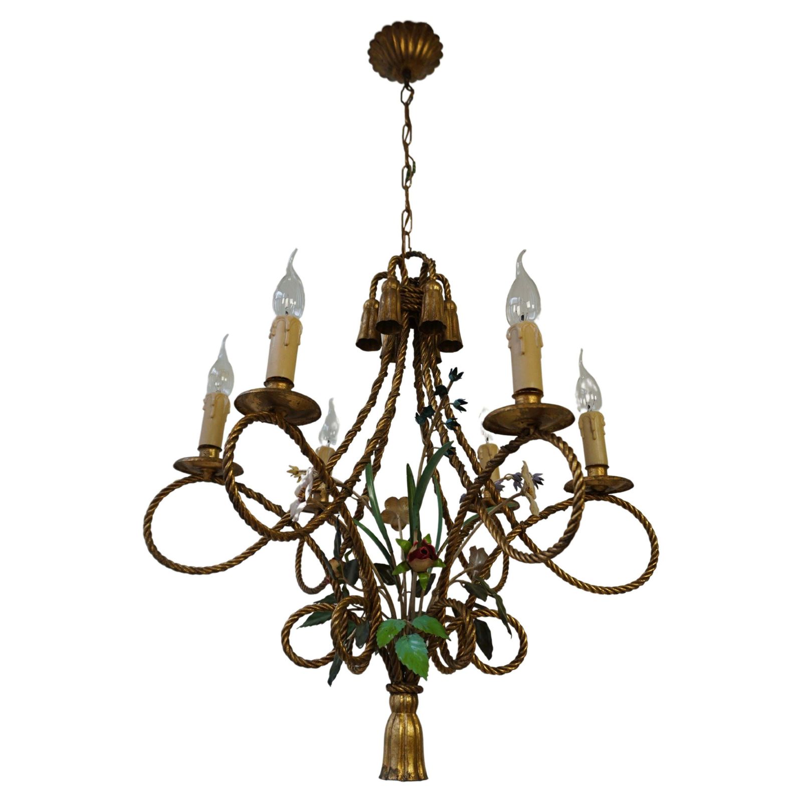 2 Italian Tole Flower Hollywood Regency Chandelier Florentine, 1950s photo furniture