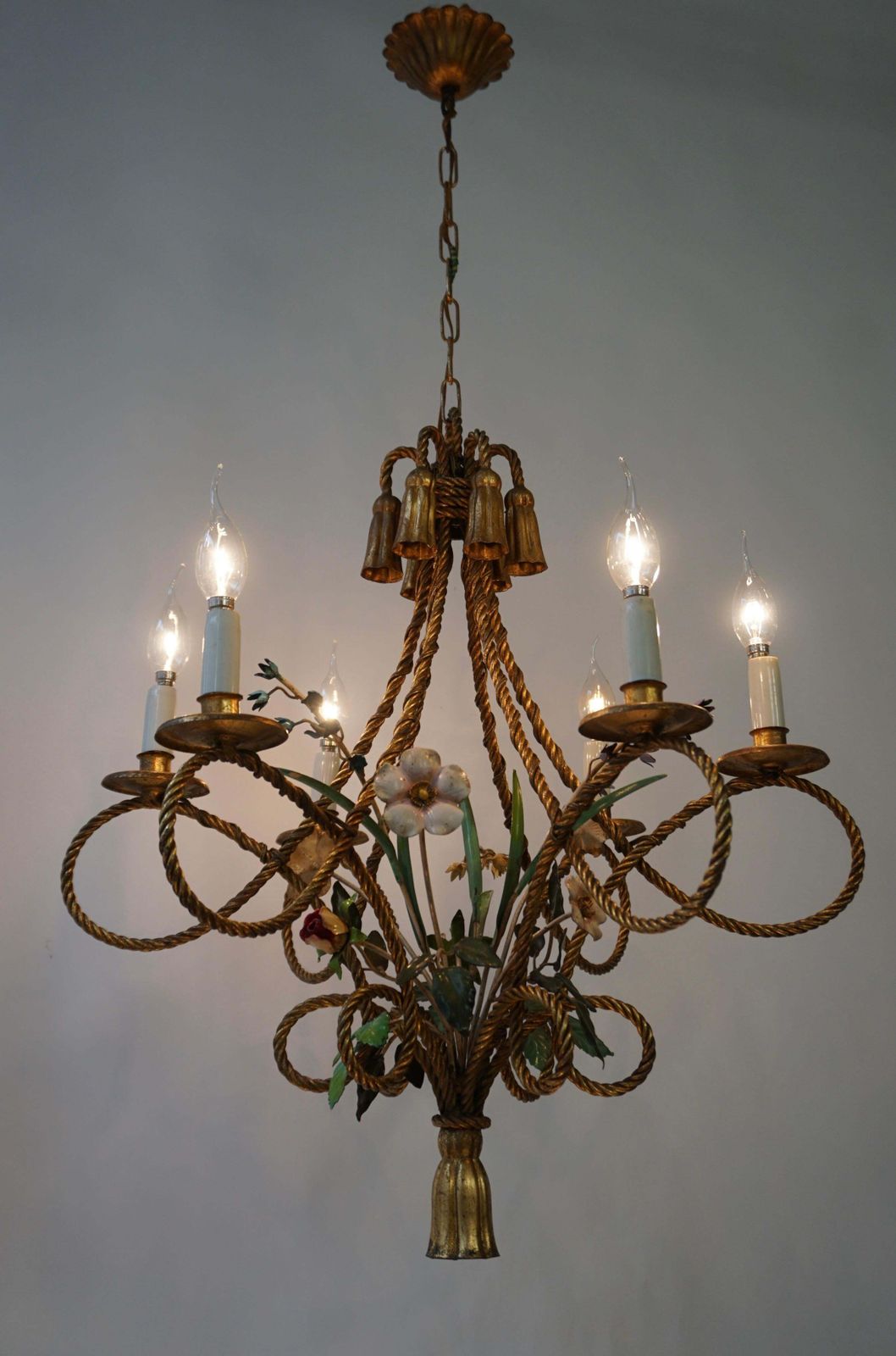 2 Italian Tole Flower Hollywood Regency Chandelier Florentine, 1950s photo for sale
