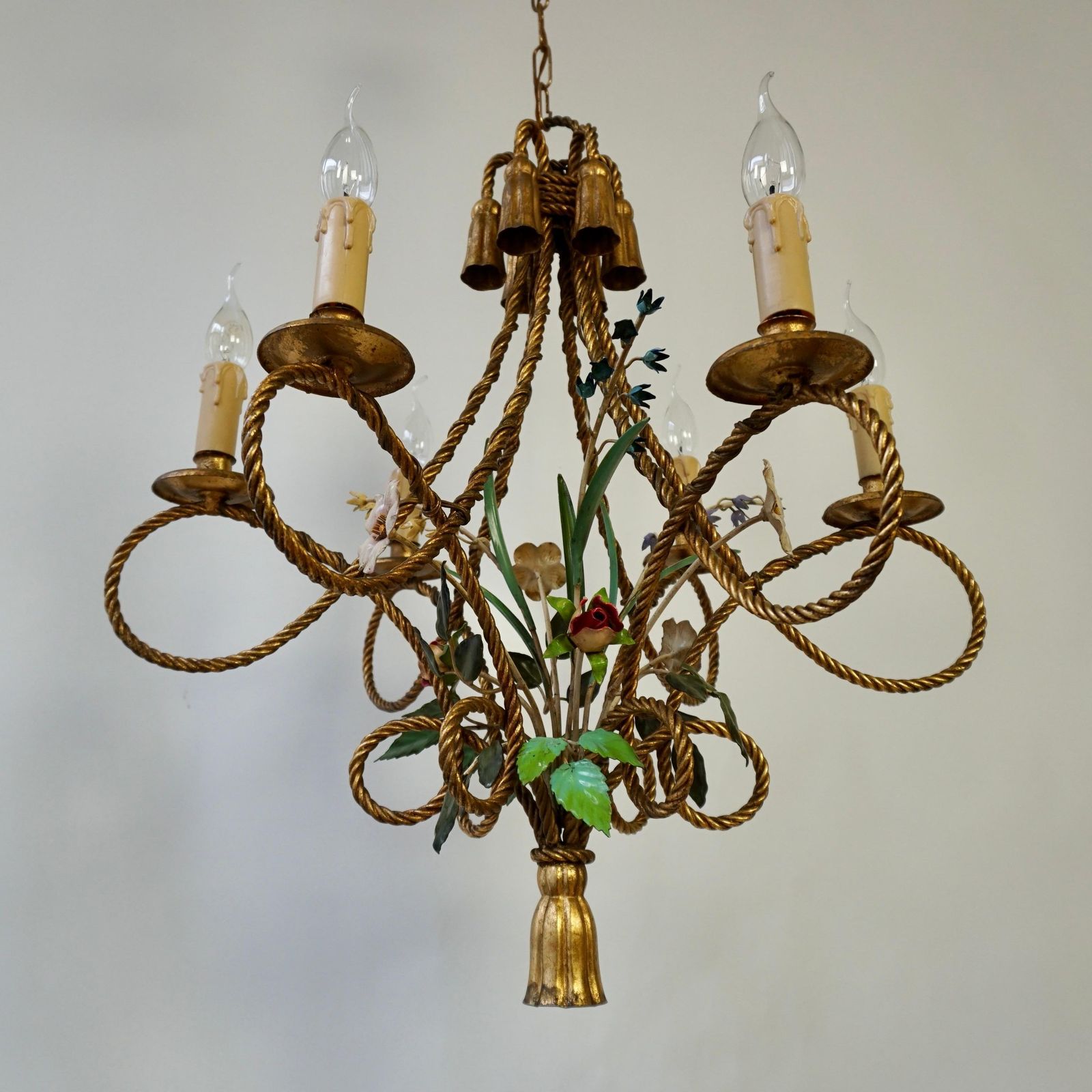 2 Italian Tole Flower Hollywood Regency Chandelier Florentine, 1950s photo buy