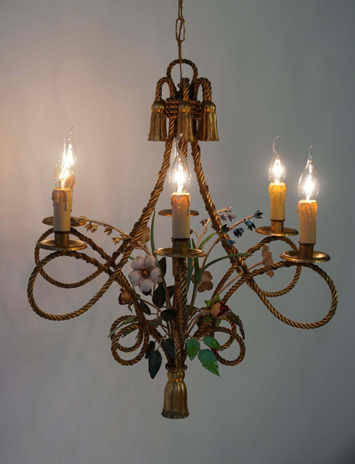 photo for sale 2 Italian Tole Flower Hollywood Regency Chandelier Florentine, 1950s