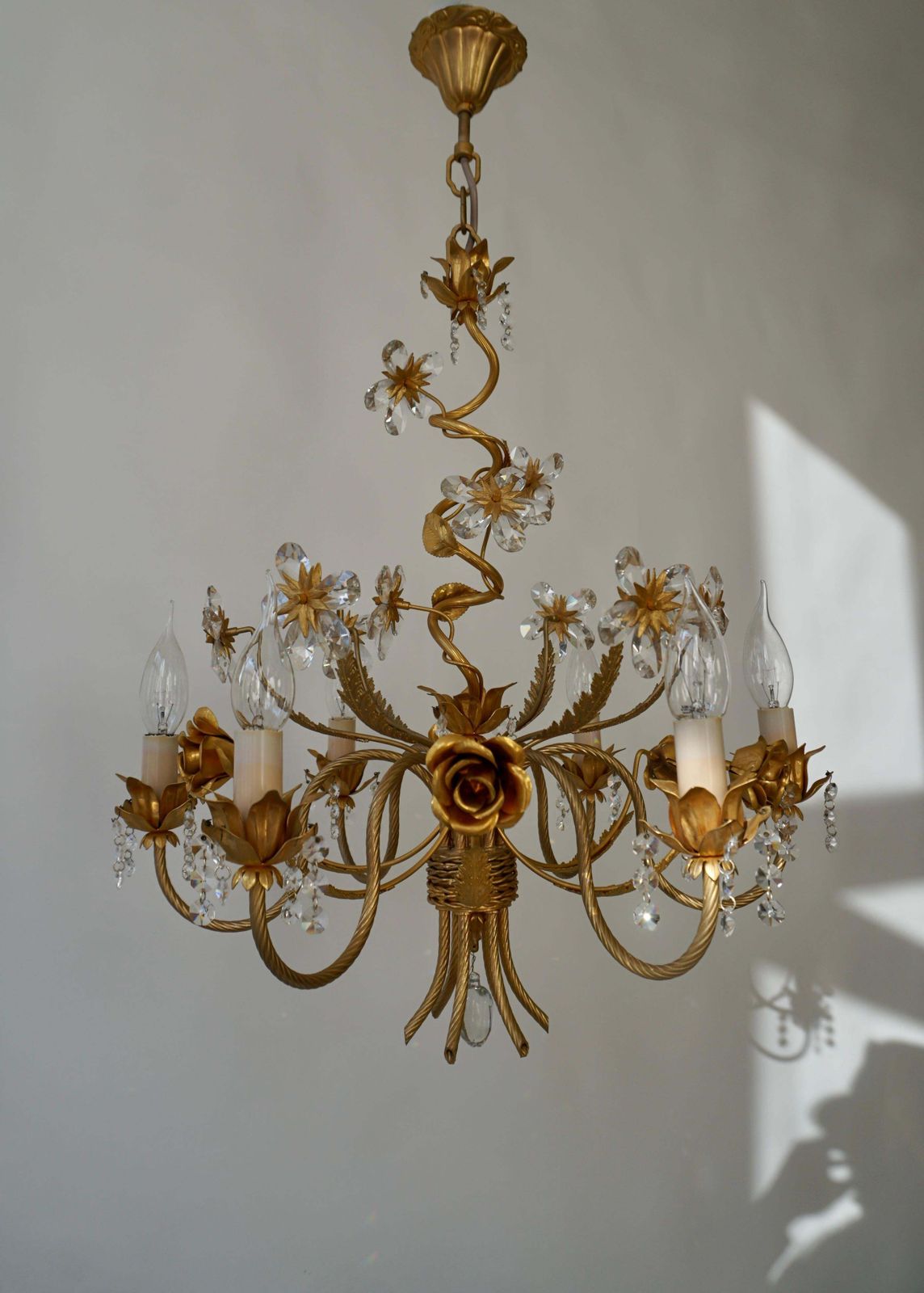 Hollywood Regency Chandelier With Gilded Roses And Crystal Flowers photo furniture