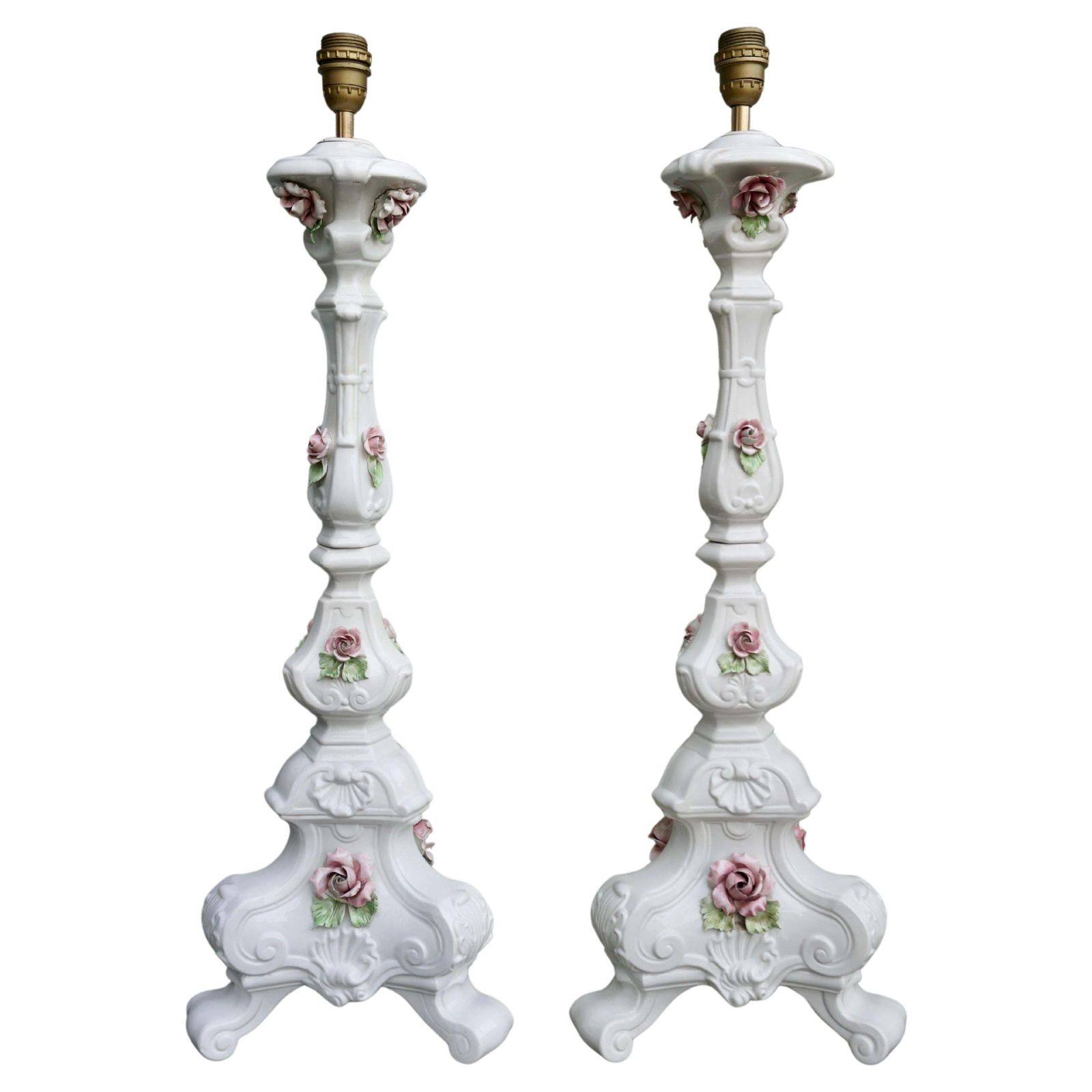 Pair Of Midcentury Italian Rococo Style White Porcelain Lamps