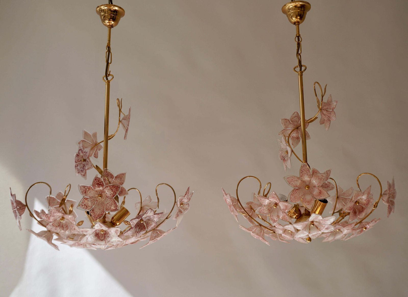 Set Of 2 Italian Brass Chandeliers With White Pink Colored Murano Glass Flowers photo 4083.0