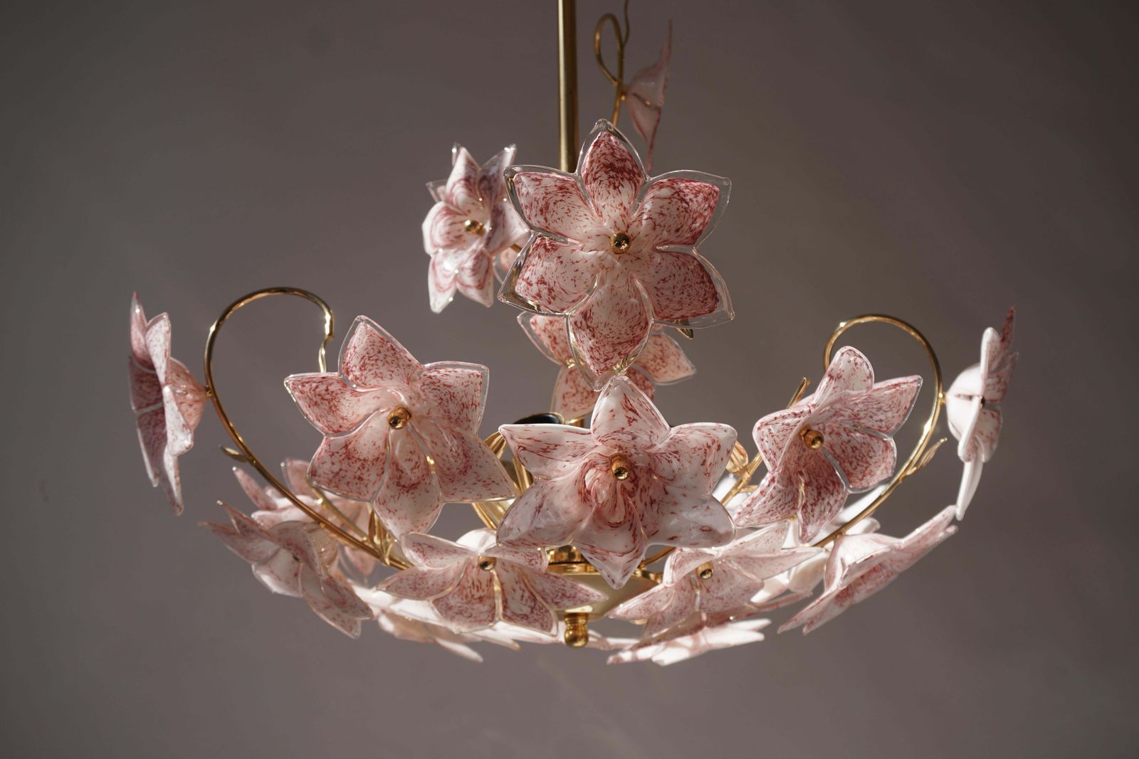 photo buy Set Of 2 Italian Brass Chandeliers With White Pink Colored Murano Glass Flowers