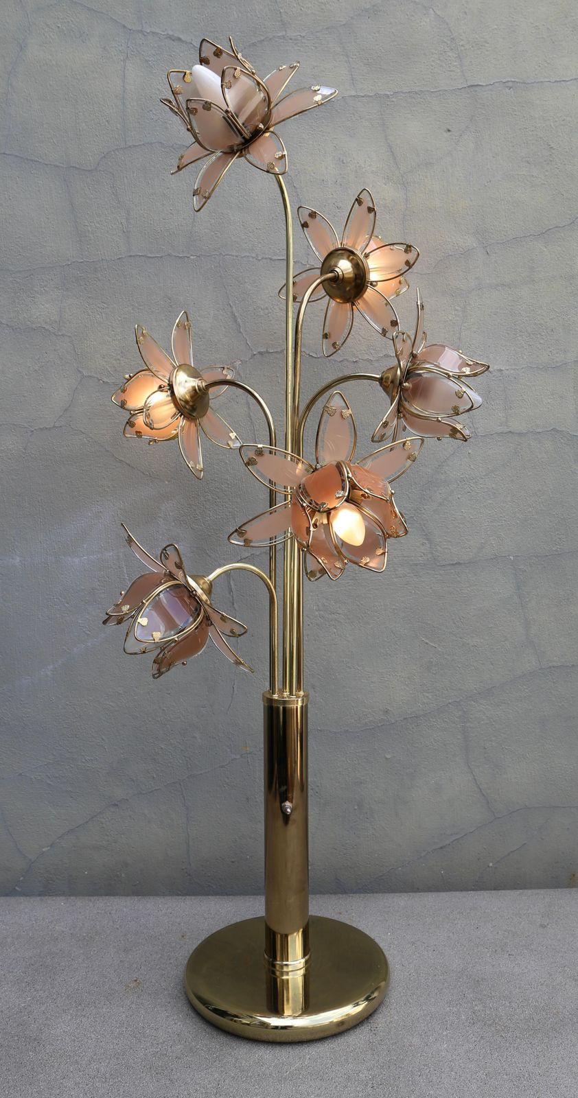 Hollywood Regency Glass And Brass 6 Arm Tulip Lotus Lamp 1970s photo 3105.0